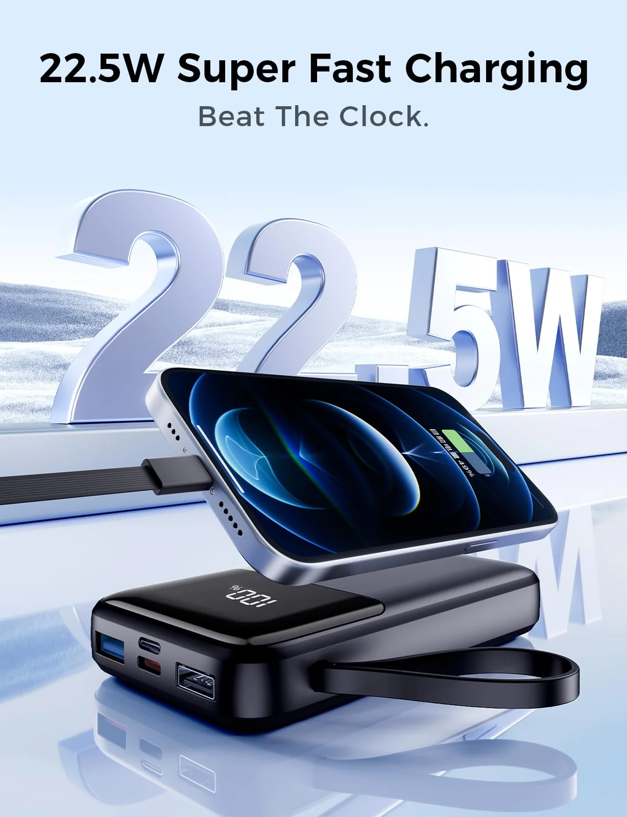 Portable Charger with Built in Cable, 15000mAh Power Bank, 22.5W Fast Charging, 6 Outputs, Slim Travel Essential Battery Pack with LED Display, Compatible with iPhone 16/15/14/13, Samsung, iPad, etc Black - Image 4