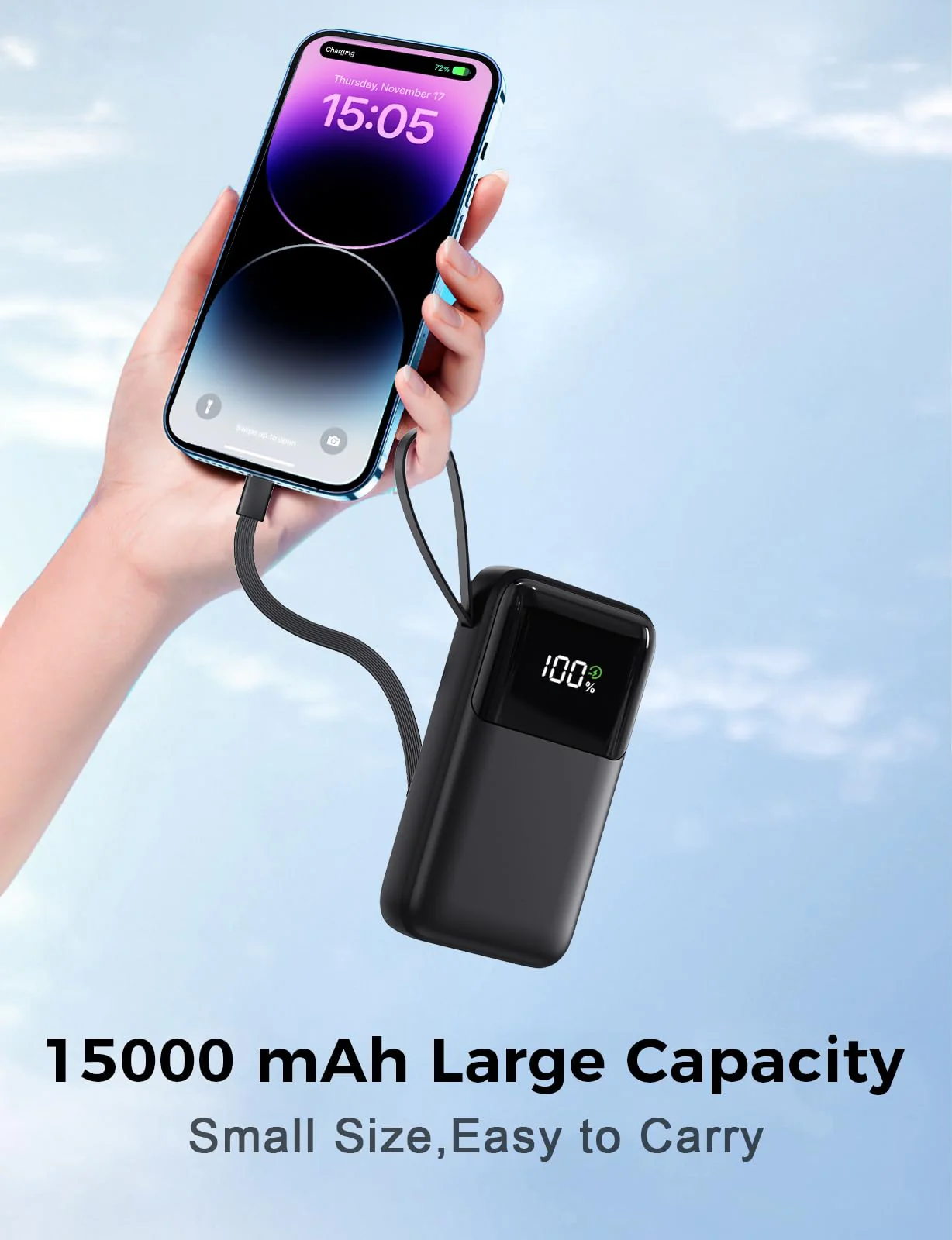 Portable Charger with Built in Cable, 15000mAh Power Bank, 22.5W Fast Charging, 6 Outputs, Slim Travel Essential Battery Pack with LED Display, Compatible with iPhone 16/15/14/13, Samsung, iPad, etc Black - Image 5