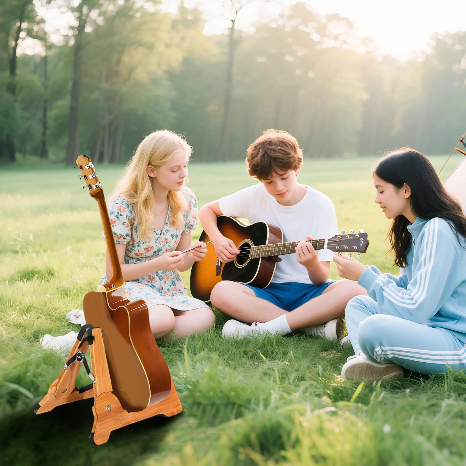 Portable Guitar Stand Floor - Folding Acoustic Electric Guitar Stands A-frame Wooden, Bamboo Single Bass Guitar Holder Portable Soporte Para Guitarra Rack for Mandolin Banjo Ukulee Violin Folding Guitar Stand - Image 6
