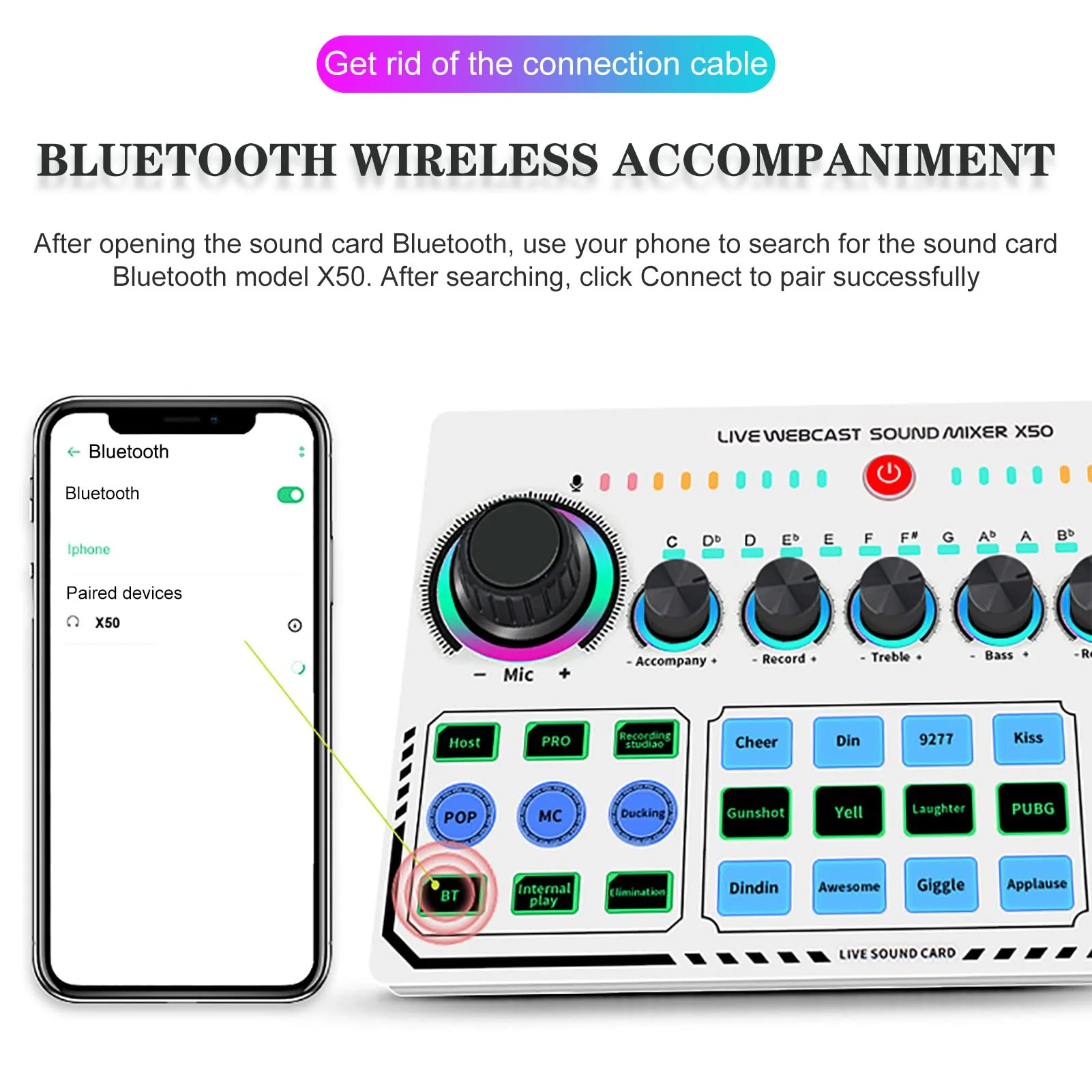 Portable Mixer,Professional Live Sound Card,Knob Design,Support for 12 Kinds of Warming Sound and a Key Mute,with Double Call Simple Port Design,Support for Two People Live at The Same Time - Image 2