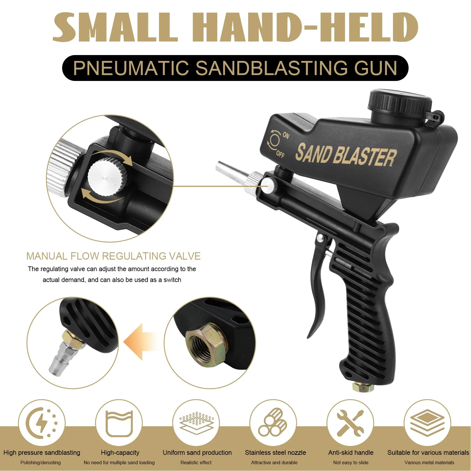 Portable Pneumatic Sandblasting Gun - Multifunctional Compressed Air Sand Blaster Machine Small Hand-Held Sandblasting Device Suitable for Removing Paint Rust Stains (Black) - Image 3