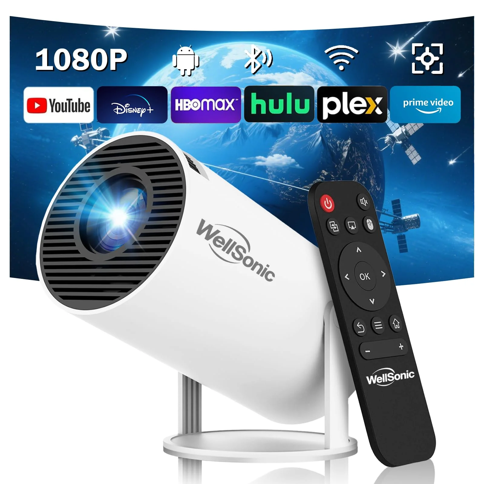 Portable Projector with WiFi and Bluetooth, Mini Projector Support 1080P, 180° Rotatable, Compatible with HDMI/USB/PC for Bedroom, Kids Room, Home Movie Nights