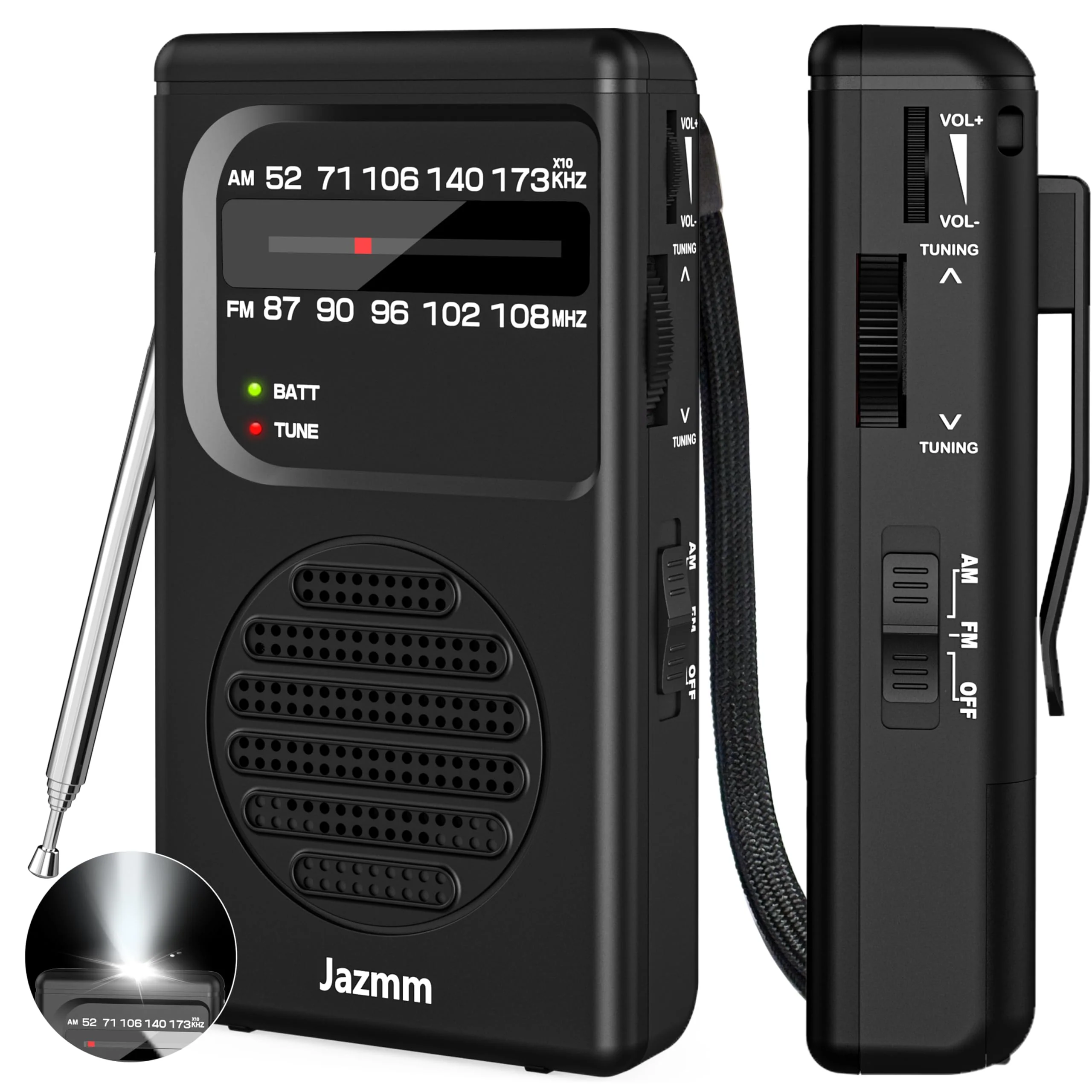 Portable Radio AM FM,Battery Operated Radio with 3W Large Speaker,Transistor radios with Best Reception,Pocket Radio with Back Clip,Flashlight,3.5mm Earphone Jack,Tuning Light,Gift for Elder Black