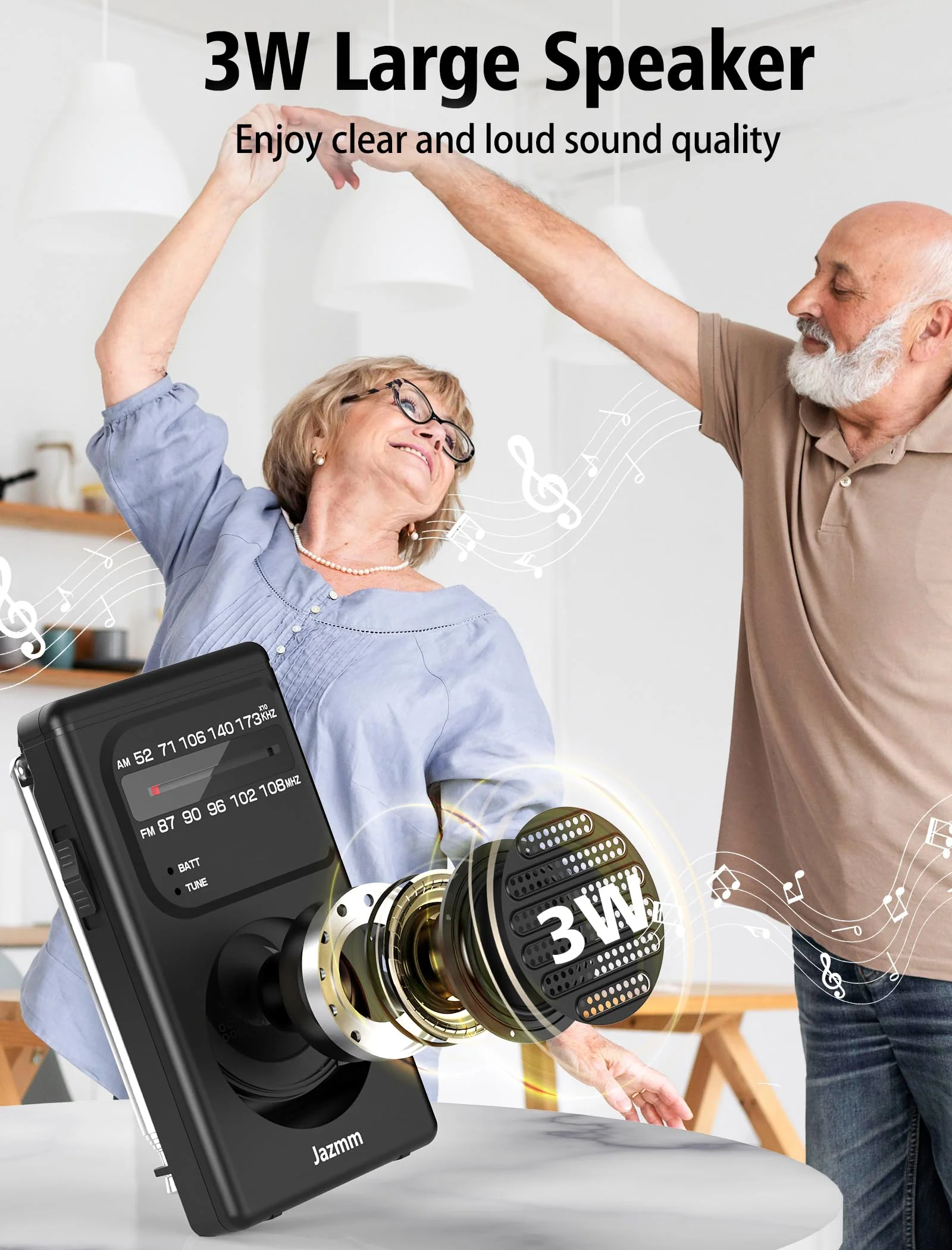 Portable Radio AM FM,Battery Operated Radio with 3W Large Speaker,Transistor radios with Best Reception,Pocket Radio with Back Clip,Flashlight,3.5mm Earphone Jack,Tuning Light,Gift for Elder Black - Image 3