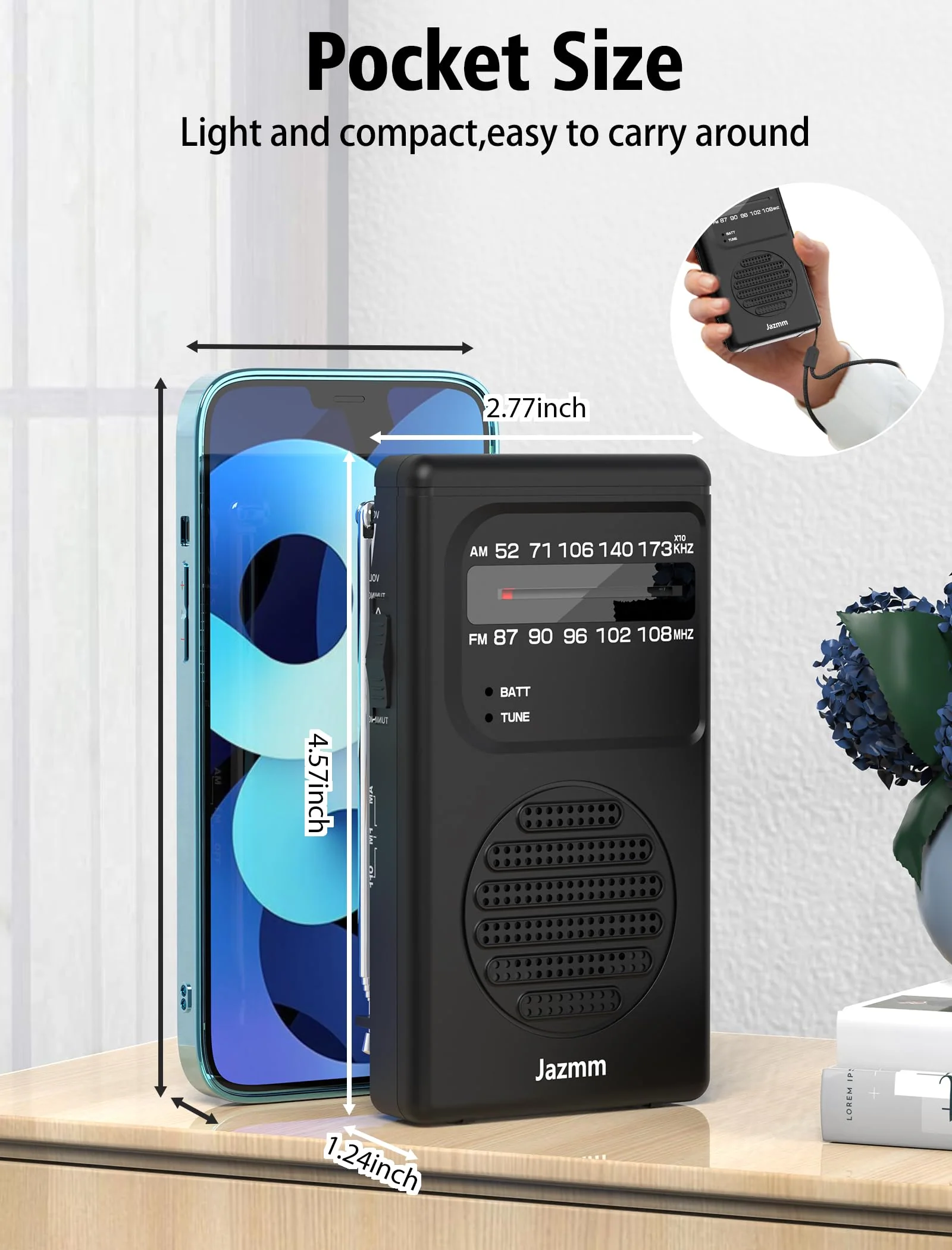 Portable Radio AM FM,Battery Operated Radio with 3W Large Speaker,Transistor radios with Best Reception,Pocket Radio with Back Clip,Flashlight,3.5mm Earphone Jack,Tuning Light,Gift for Elder Black - Image 7