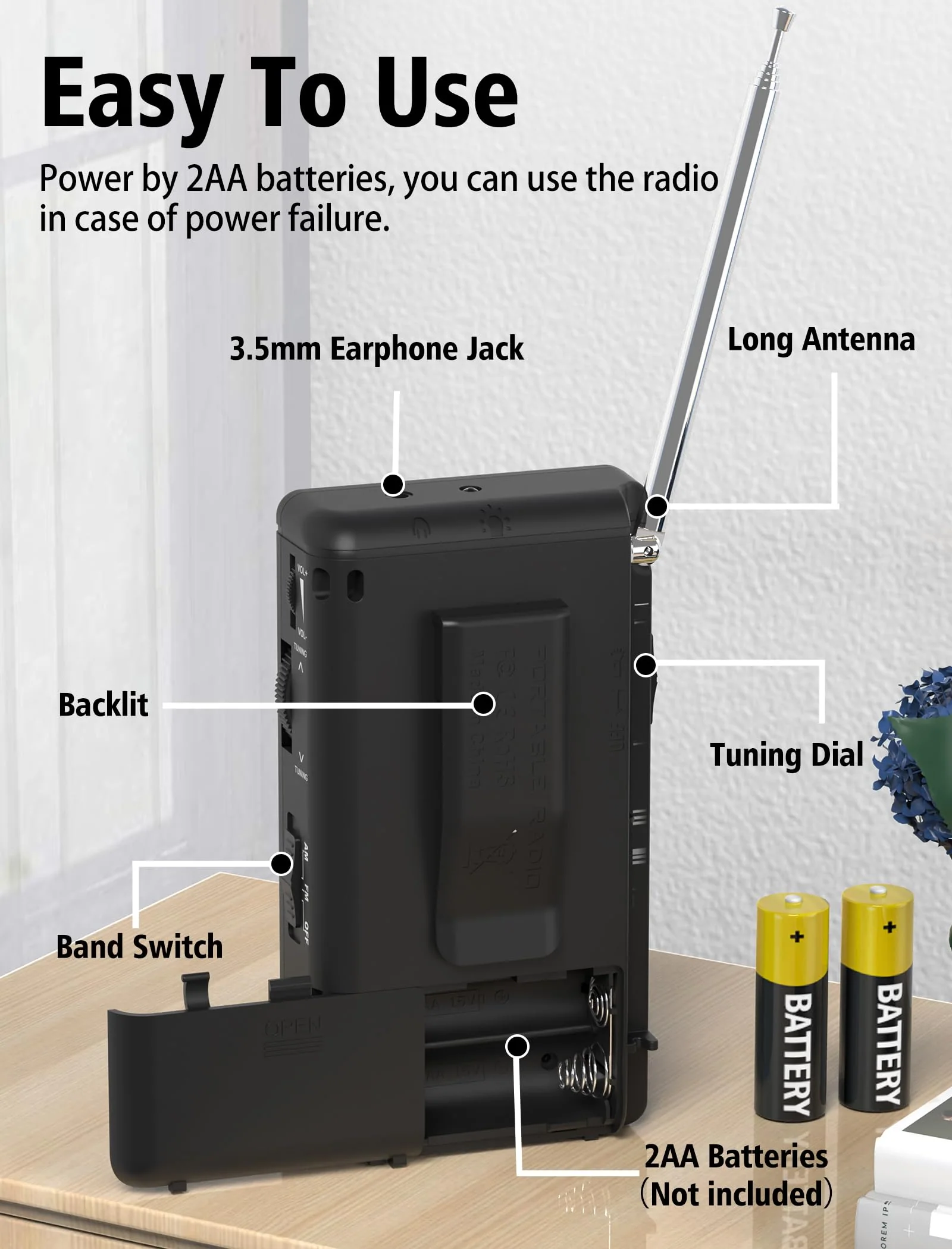 Portable Radio AM FM,Battery Operated Radio with 3W Large Speaker,Transistor radios with Best Reception,Pocket Radio with Back Clip,Flashlight,3.5mm Earphone Jack,Tuning Light,Gift for Elder Black - Image 8