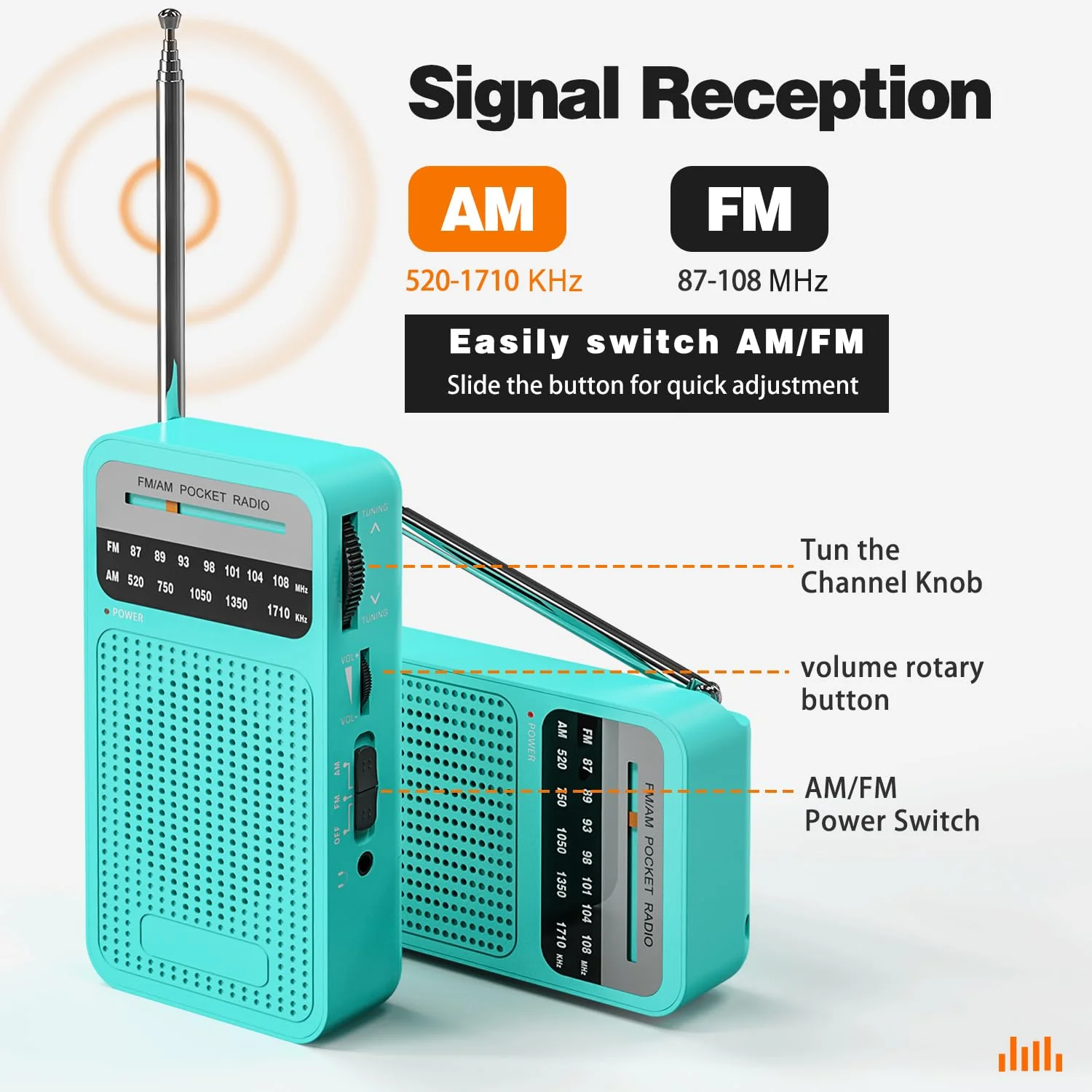 Portable Radio AM FM, Goodes Transistor Radio with Loud Speaker, Headphone Jack, 2AA Battery Operated Radio for Long Range Reception, Pocket Radio for Indoor, Outdoor and Emergency Use-Green New-Cyan - Image 2