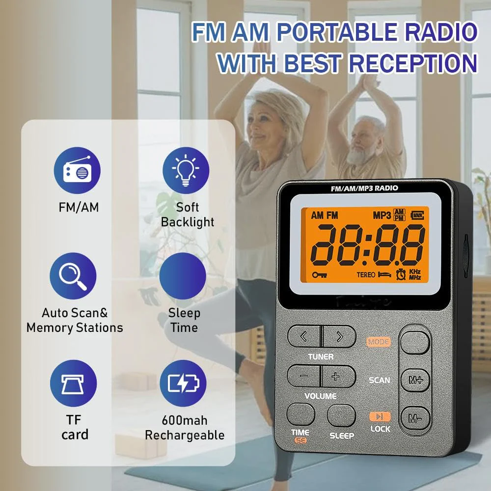Portable Radio AM FM, Rechargeable Pocket Radio with Best Reception Digital Tuning, MP3, Stereo Earphone, Large LCD Screen, TF Card Socket, Transistor Radio for Jogging/Gym/Camping (Grey) Grey - Image 2
