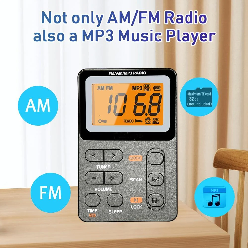 Portable Radio AM FM, Rechargeable Pocket Radio with Best Reception Digital Tuning, MP3, Stereo Earphone, Large LCD Screen, TF Card Socket, Transistor Radio for Jogging/Gym/Camping (Grey) Grey - Image 3