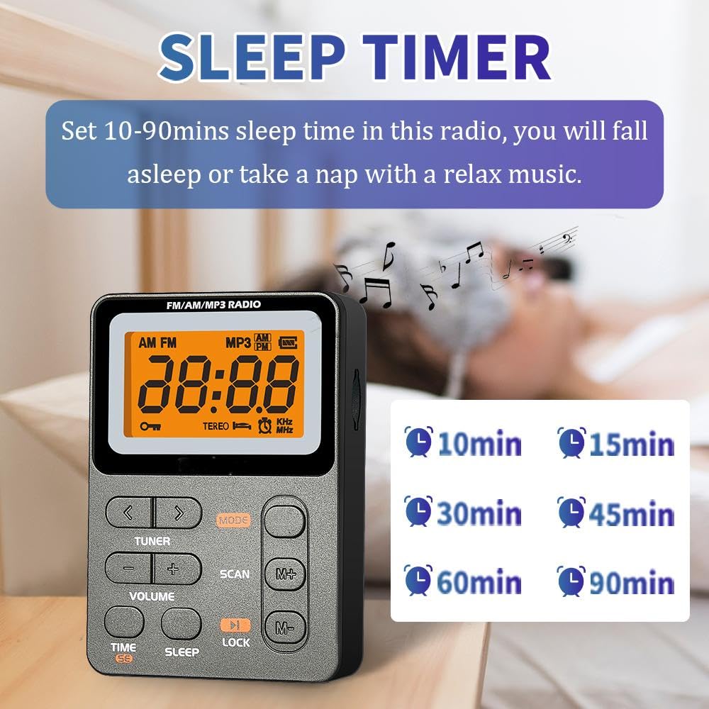 Portable Radio AM FM, Rechargeable Pocket Radio with Best Reception Digital Tuning, MP3, Stereo Earphone, Large LCD Screen, TF Card Socket, Transistor Radio for Jogging/Gym/Camping (Grey) Grey - Image 4