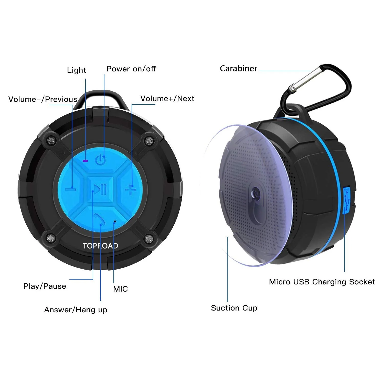 Portable Shower Speaker, IPX7 Waterproof Wireless Outdoor Speaker with HD Sound, 2 Suction Cups, Built-in Mic, Hands-Free Speakerphone for Bathroom, Pool, Beach, Hiking, Bicycle Blue - Image 2