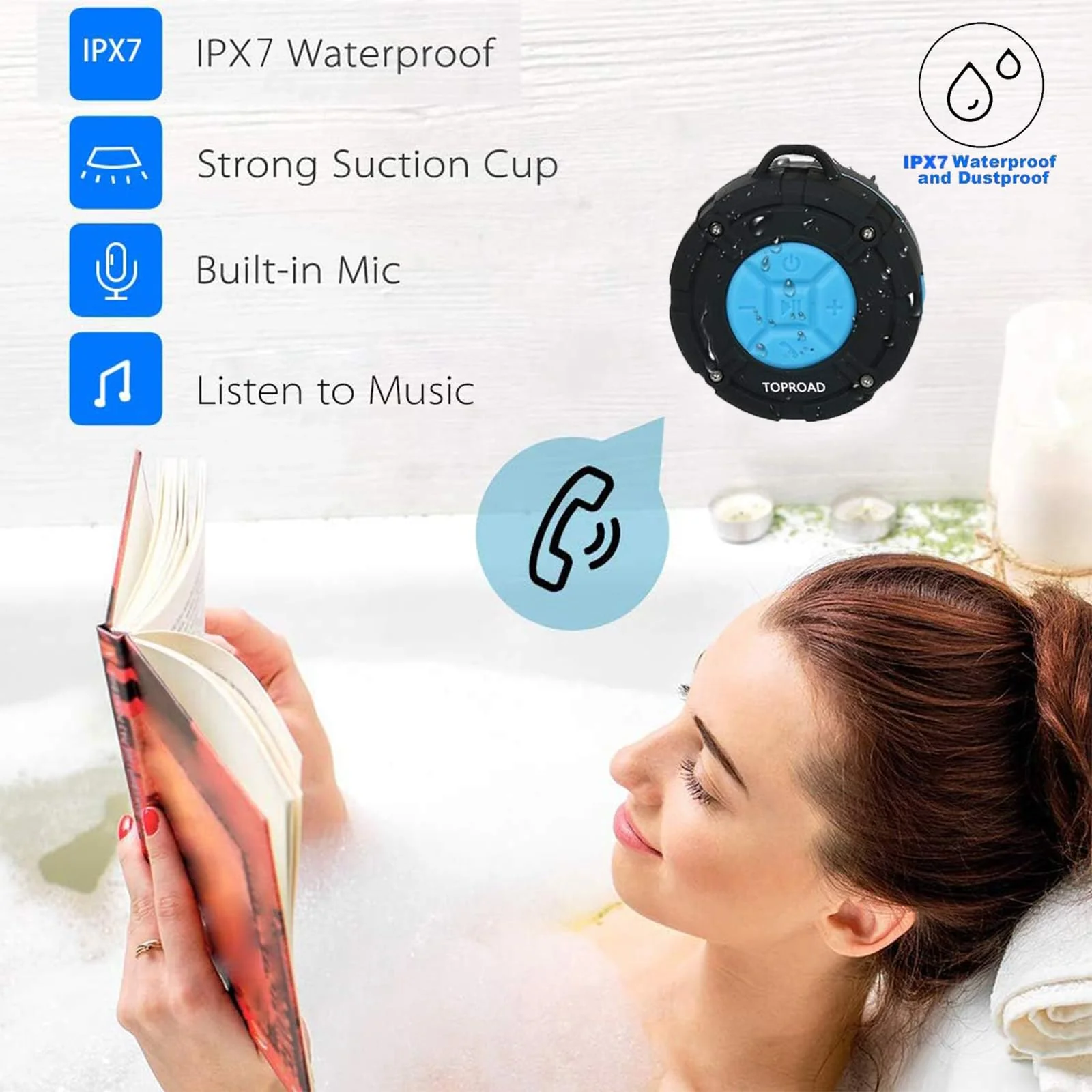 Portable Shower Speaker, IPX7 Waterproof Wireless Outdoor Speaker with HD Sound, 2 Suction Cups, Built-in Mic, Hands-Free Speakerphone for Bathroom, Pool, Beach, Hiking, Bicycle Blue - Image 4