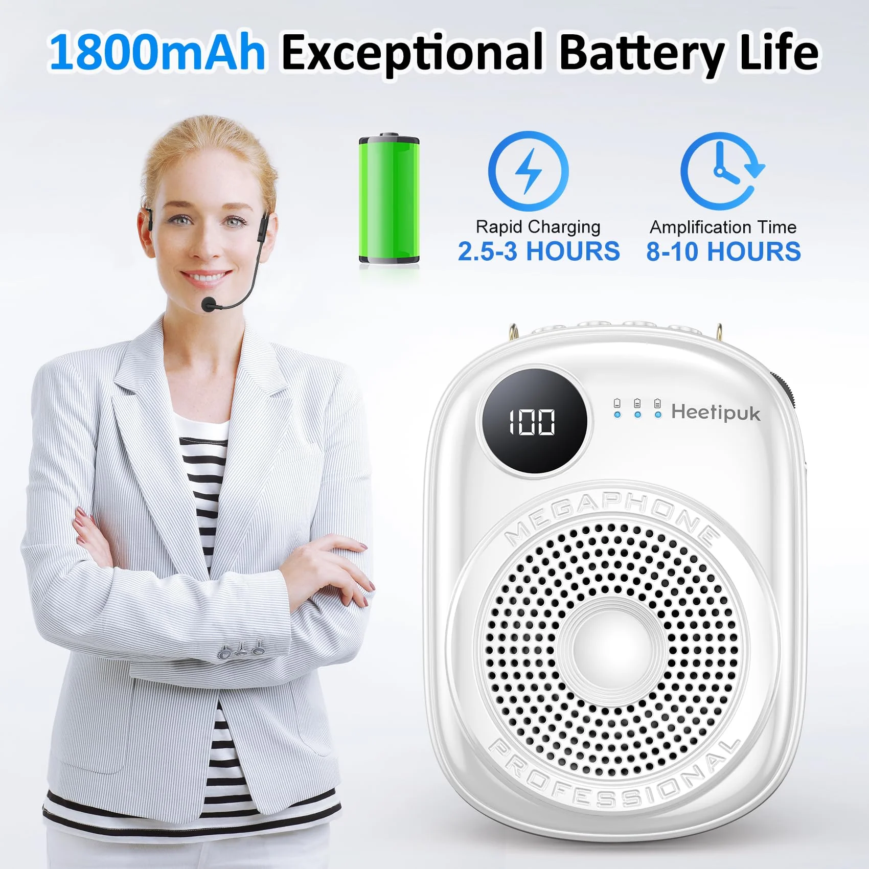 Portable Voice Amplifier Wired Microphone and Speaker,PA System Voice Amplifier with Mic Headset for Teachers,Speech,Tour Guides,Coaches,Yoga, Fitness Instructors Bluetooth 5.0 TF Card (White) White - Image 4
