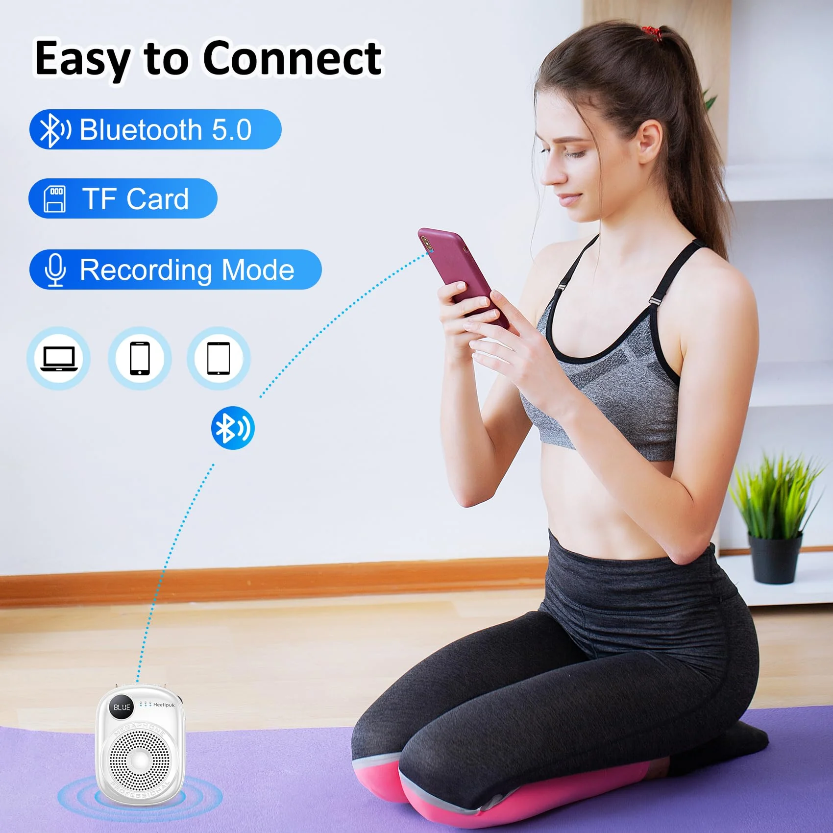 Portable Voice Amplifier Wired Microphone and Speaker,PA System Voice Amplifier with Mic Headset for Teachers,Speech,Tour Guides,Coaches,Yoga, Fitness Instructors Bluetooth 5.0 TF Card (White) White - Image 5