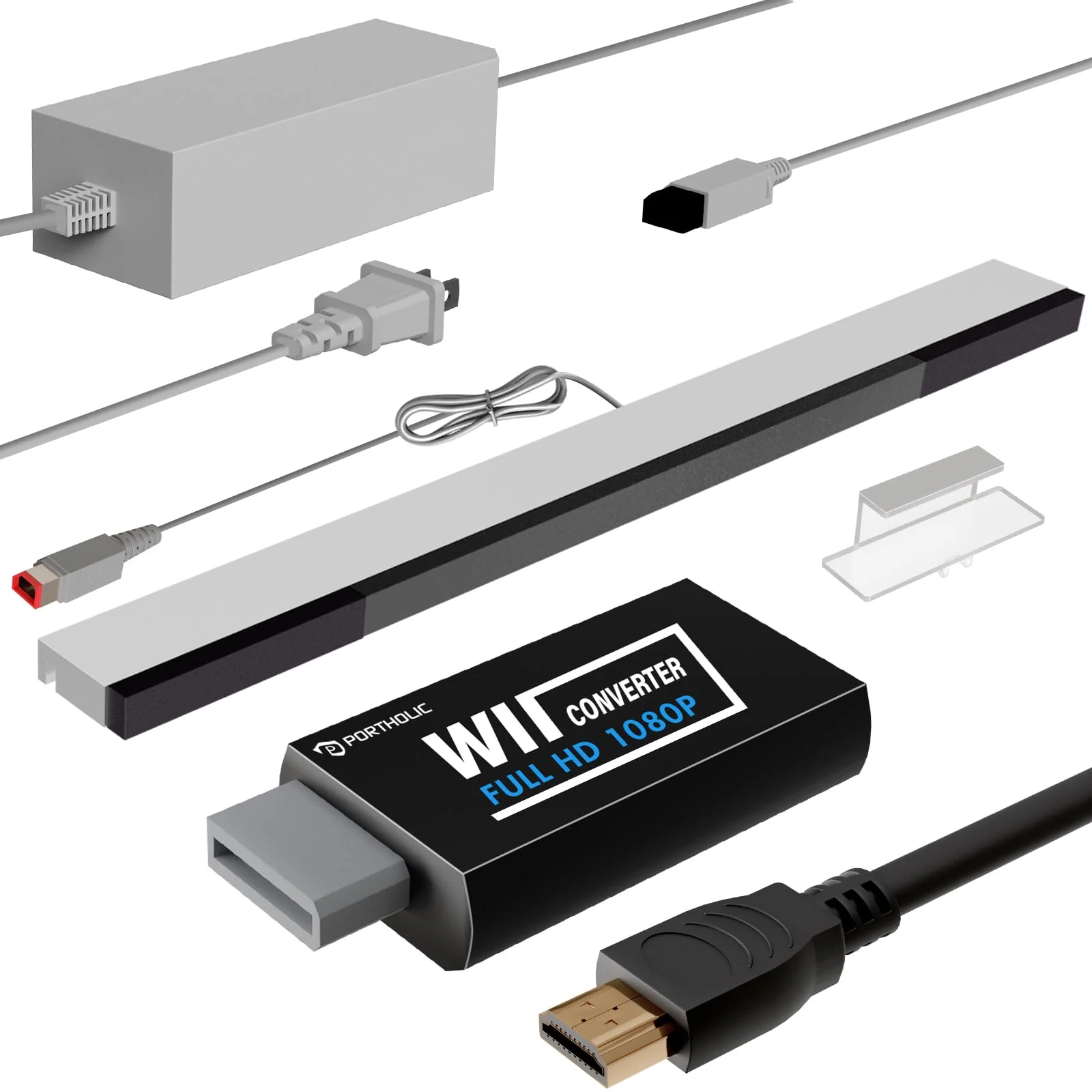 PORTHOLIC 4 in 1 Wii Replacement Cables Set, Wii AC Power Adapter + Wii to hdmi Converter+ Wired Motion Sensor Bar and Composite Audio Video Cable for Nintendo Wii Black