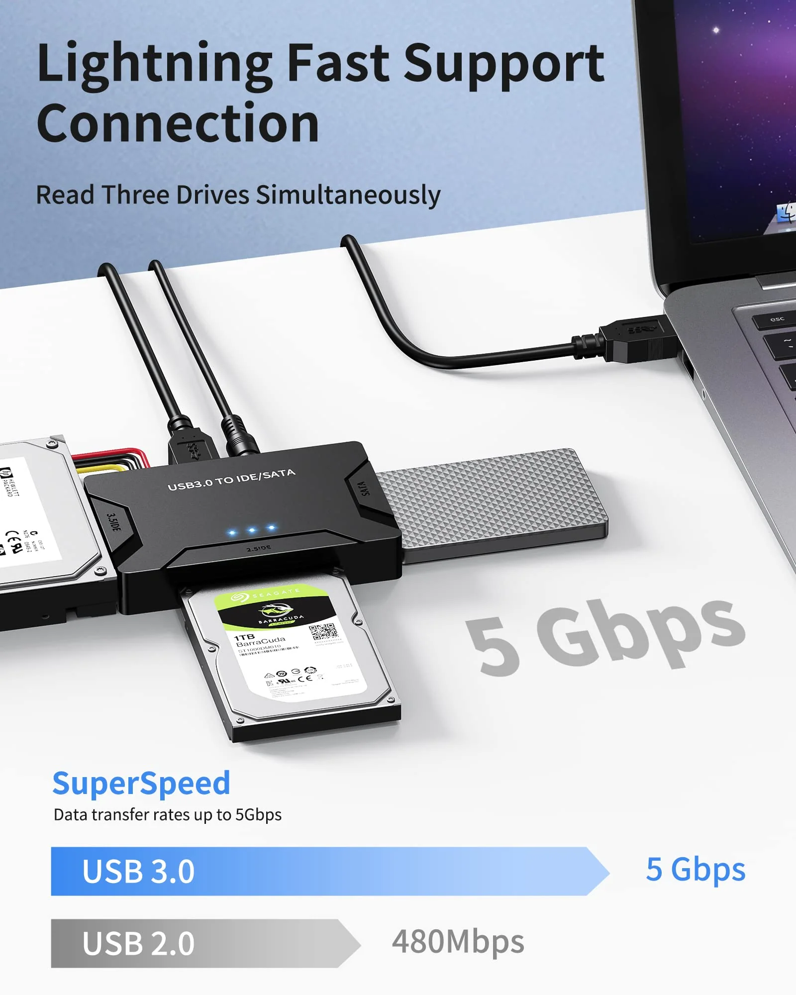 POSUGEAR USB 3.0 to IDE and SATA Adapter, External Hard Drive Reader Ultra Recovery Converter for Universal 2.5"/3.5" Inch HDD/SSD Hard Drive Disk, Hard Drive Adapter Included 12V/2A Power Adapter YYT-1 - Image 2