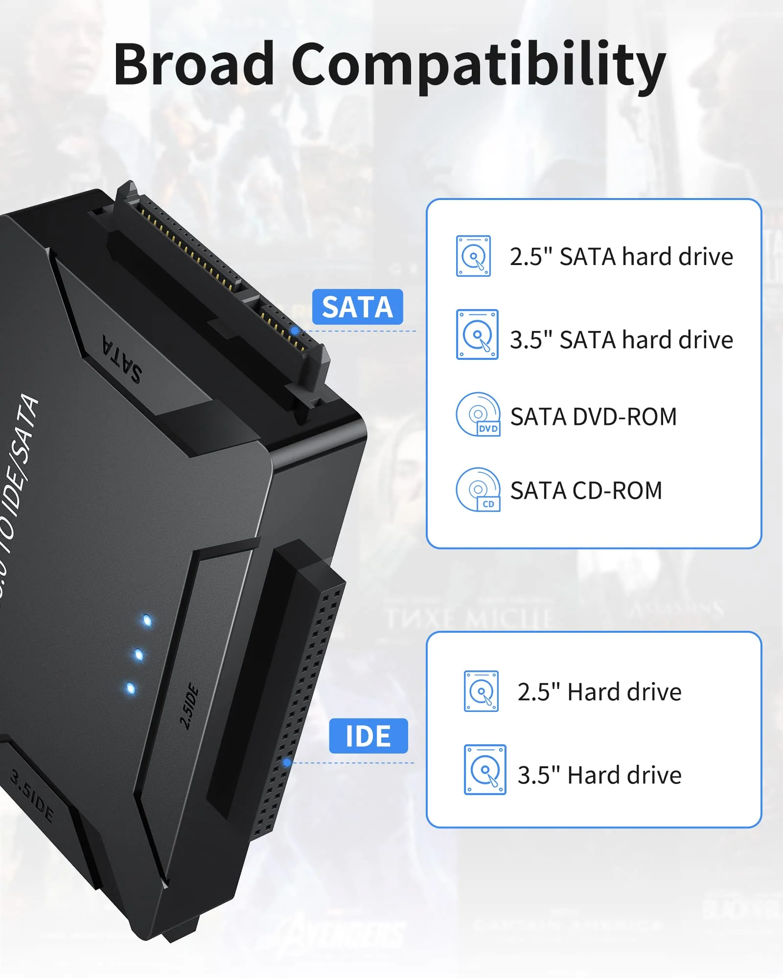 POSUGEAR USB 3.0 to IDE and SATA Adapter, External Hard Drive Reader Ultra Recovery Converter for Universal 2.5"/3.5" Inch HDD/SSD Hard Drive Disk, Hard Drive Adapter Included 12V/2A Power Adapter YYT-1 - Image 3