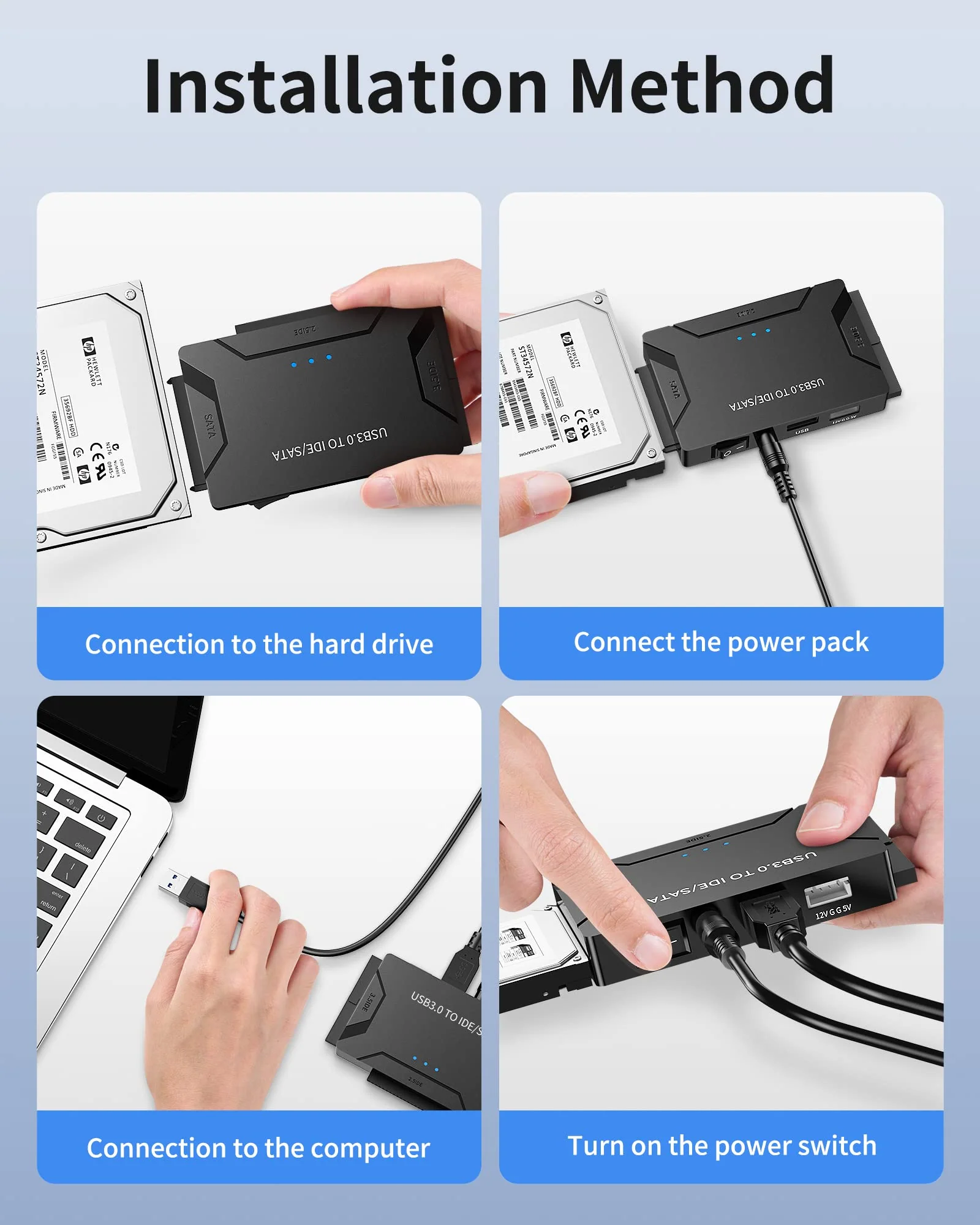 POSUGEAR USB 3.0 to IDE and SATA Adapter, External Hard Drive Reader Ultra Recovery Converter for Universal 2.5"/3.5" Inch HDD/SSD Hard Drive Disk, Hard Drive Adapter Included 12V/2A Power Adapter YYT-1 - Image 6