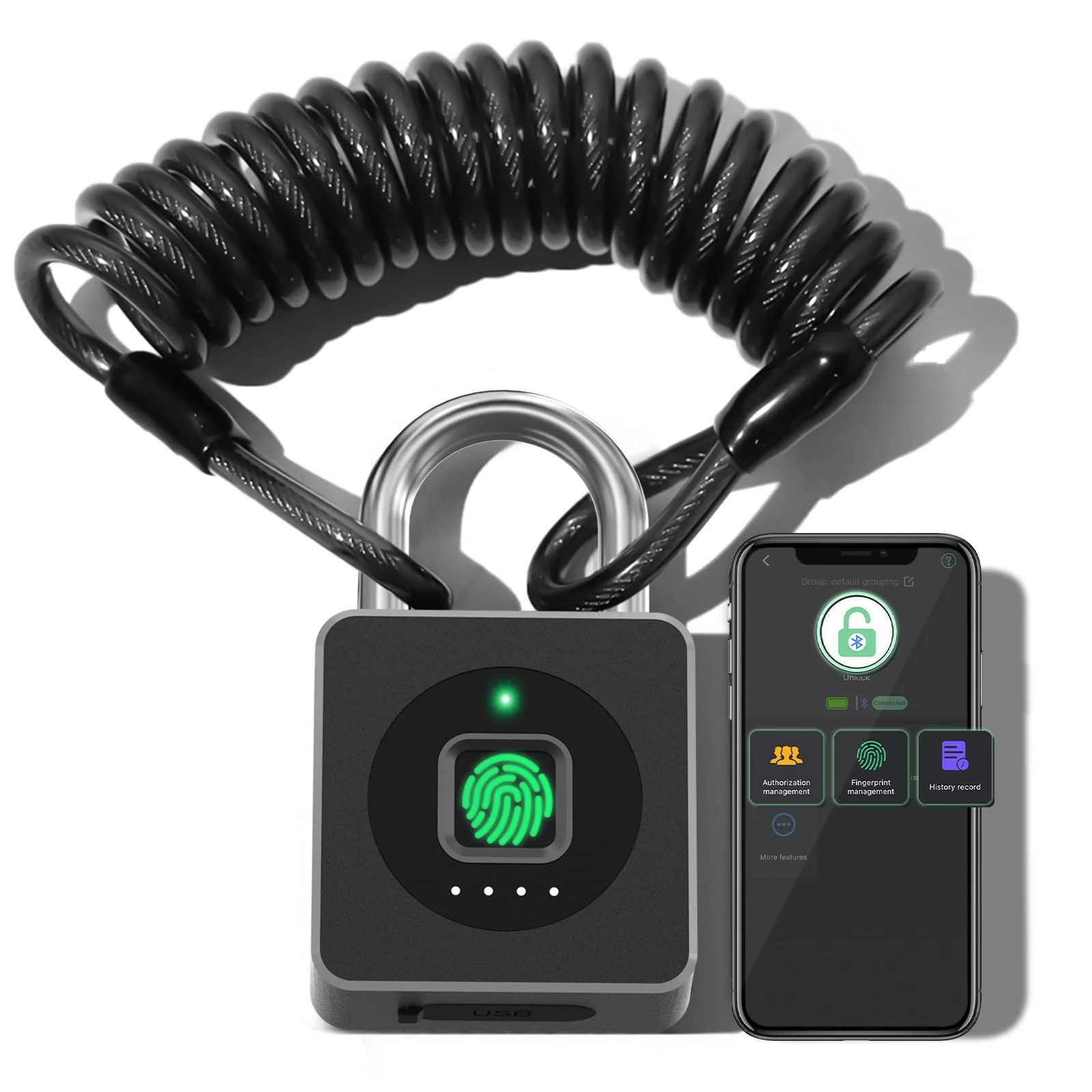 Pothunder Fingerprint Padlock, Fingerprint Lock with APP, Padlock with Steel Cable Keyless Biometric, Smart Padlock Waterproof Suitable for Gym, Locker, Helmet, Gate, Fence, Luggage Black with Cable