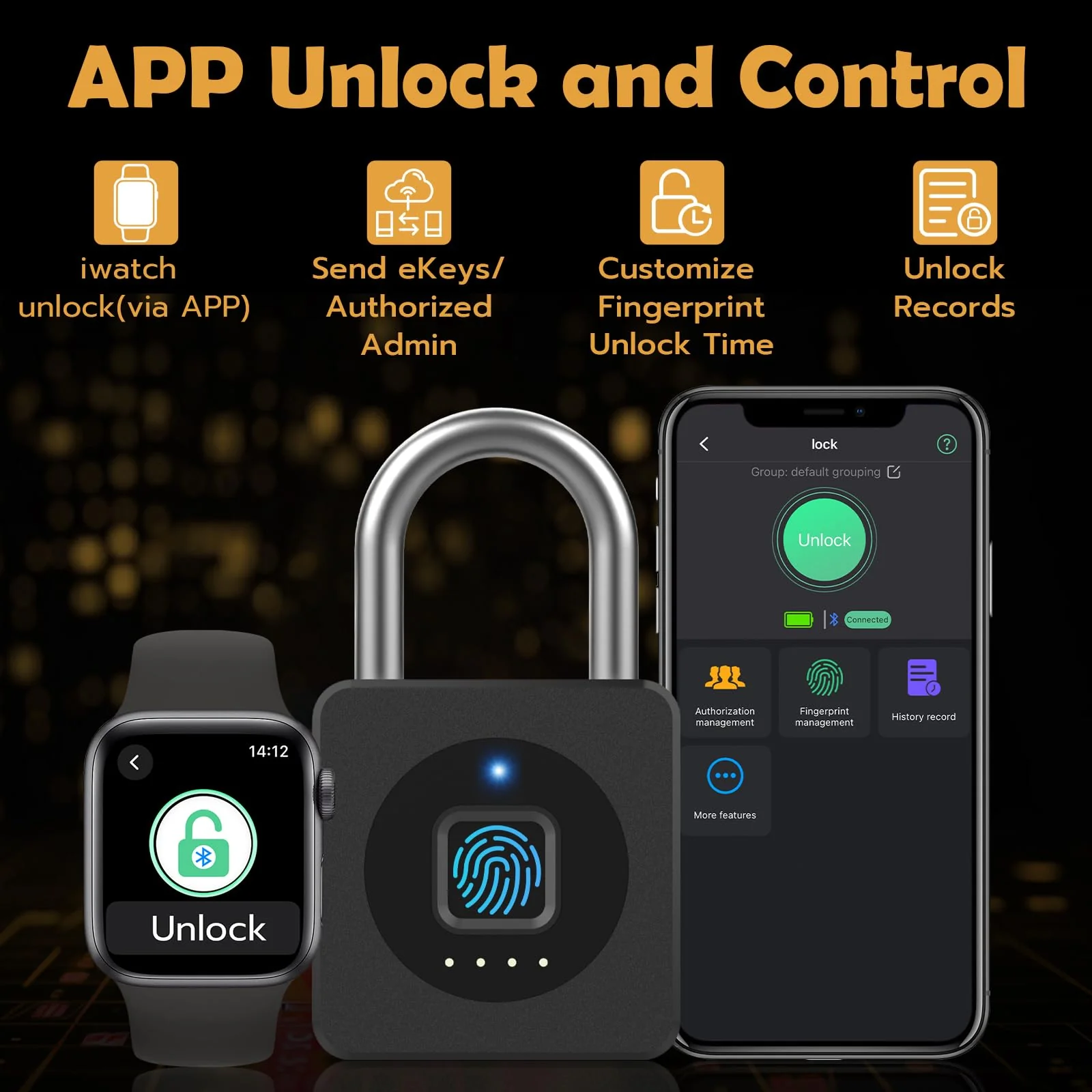 Pothunder Fingerprint Padlock, Fingerprint Lock with APP, Padlock with Steel Cable Keyless Biometric, Smart Padlock Waterproof Suitable for Gym, Locker, Helmet, Gate, Fence, Luggage Black with Cable - Image 3