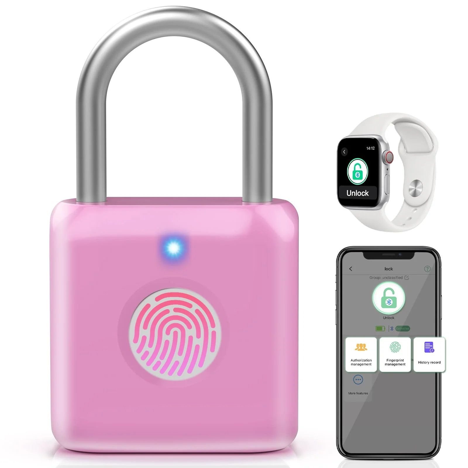 Pothunder Fingerprint Padlock, Locker Lock, Combination Lock, Fingerprint Lock with APP Unlock, USB Rechargeable, Suitable for Gym Locker, Door, Locker Rosebud Pink