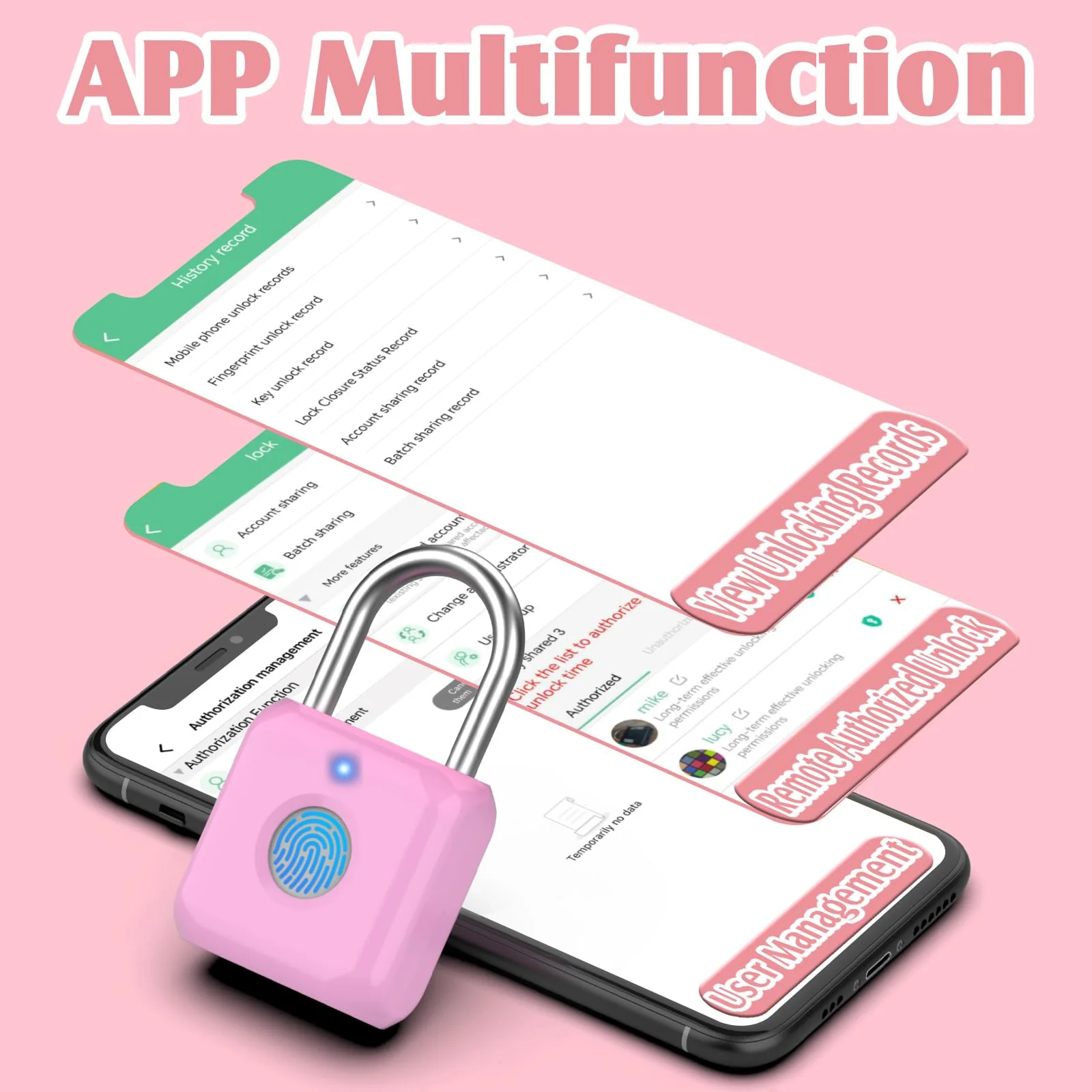 Pothunder Fingerprint Padlock, Locker Lock, Combination Lock, Fingerprint Lock with APP Unlock, USB Rechargeable, Suitable for Gym Locker, Door, Locker Rosebud Pink - Image 8
