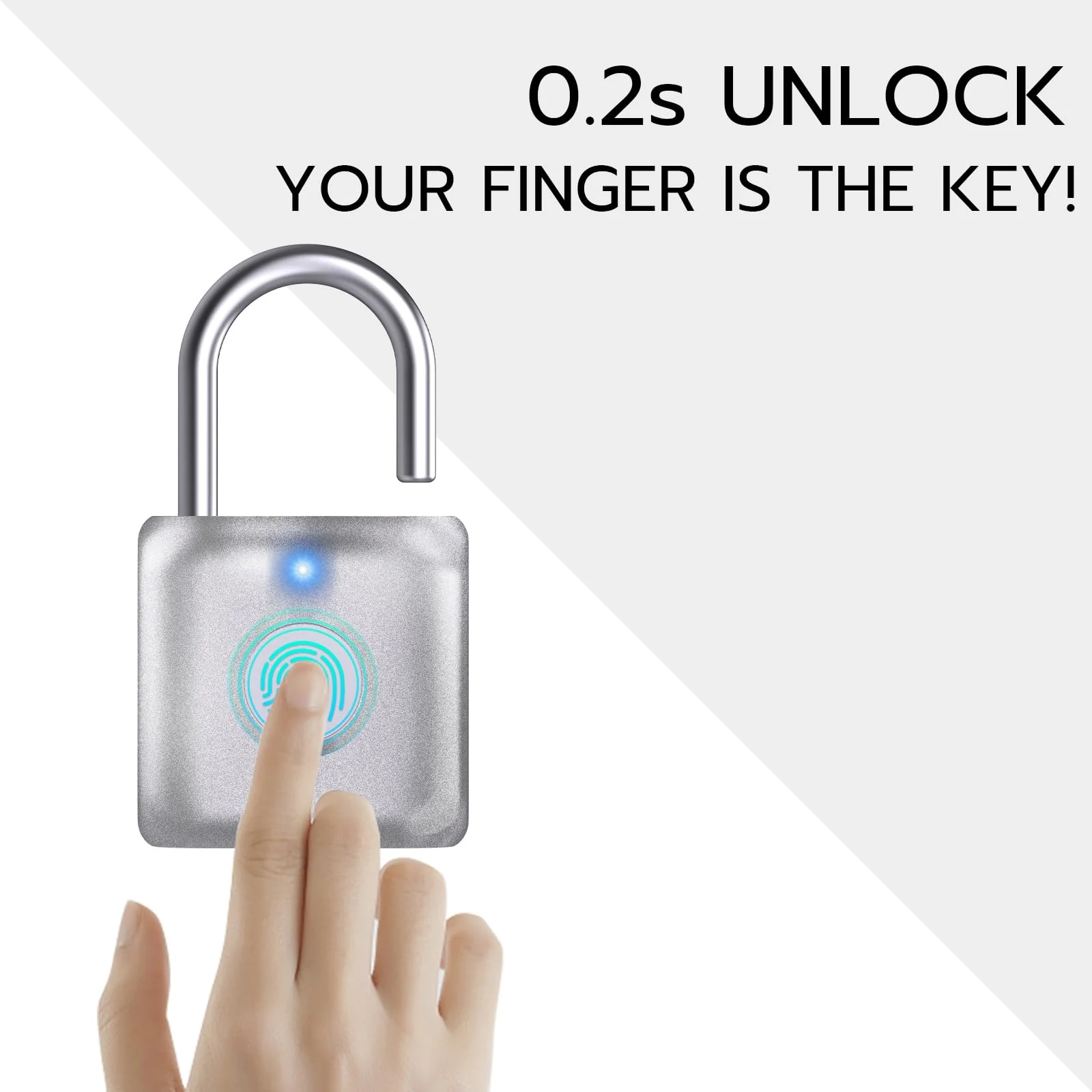 Pothunder Fingerprint Padlock, Smart Padlock, Locker Lock, Biometric Metal Keyless Fingerprint Lock, USB Rechargeable, for Gym Locker, Locker, Luggage, Backpack(Silver) Silver - Image 2