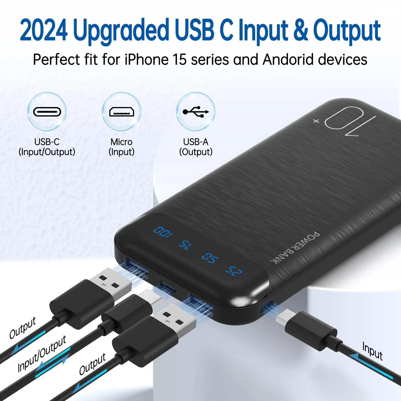 Power Bank 10000mAh Portable Charger Slim External Battery Pack with 2 USB 2.4A Outputs and USB C In/Out Compatible with Huawei iPhone 16 15 14 13 12 iPad Samsung Galaxy S20 Android Tablet (Black) Black - Image 2