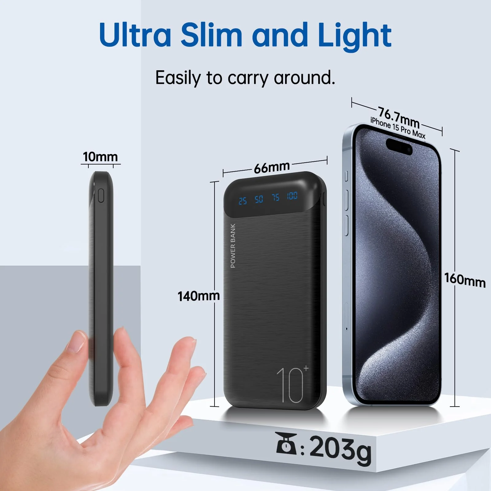 Power Bank 10000mAh Portable Charger Slim External Battery Pack with 2 USB 2.4A Outputs and USB C In/Out Compatible with Huawei iPhone 16 15 14 13 12 iPad Samsung Galaxy S20 Android Tablet (Black) Black - Image 6