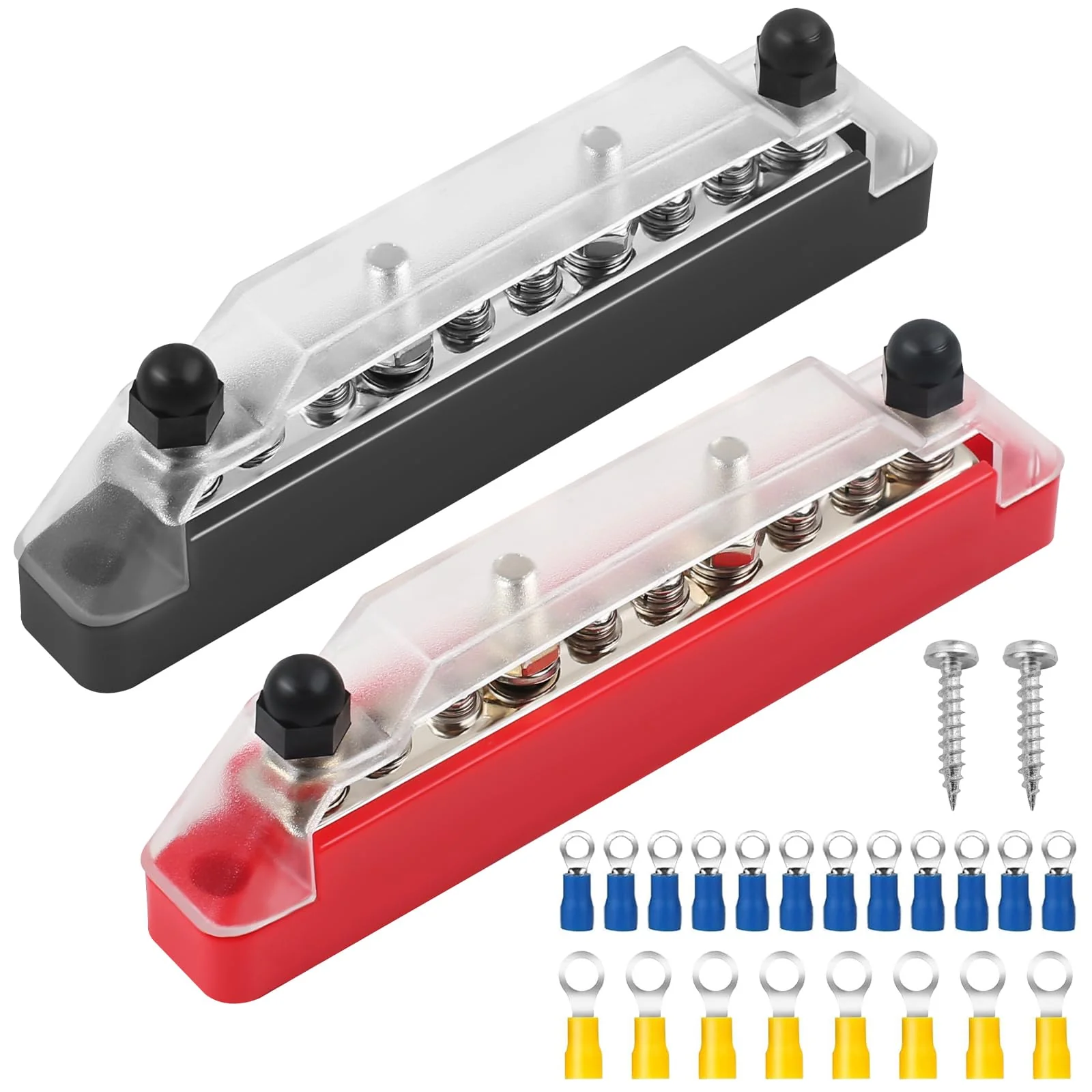 Power Distribution Block Busbar with Cover 150A Marine Battery Terminals Distribution Block with M6 Connection Bolts, M4 Connection Screws for Car, Boat, RV (4 x M6 Bolts, 6 x M4 Screws) 4 x M6 bolts, 6 x M4 screws