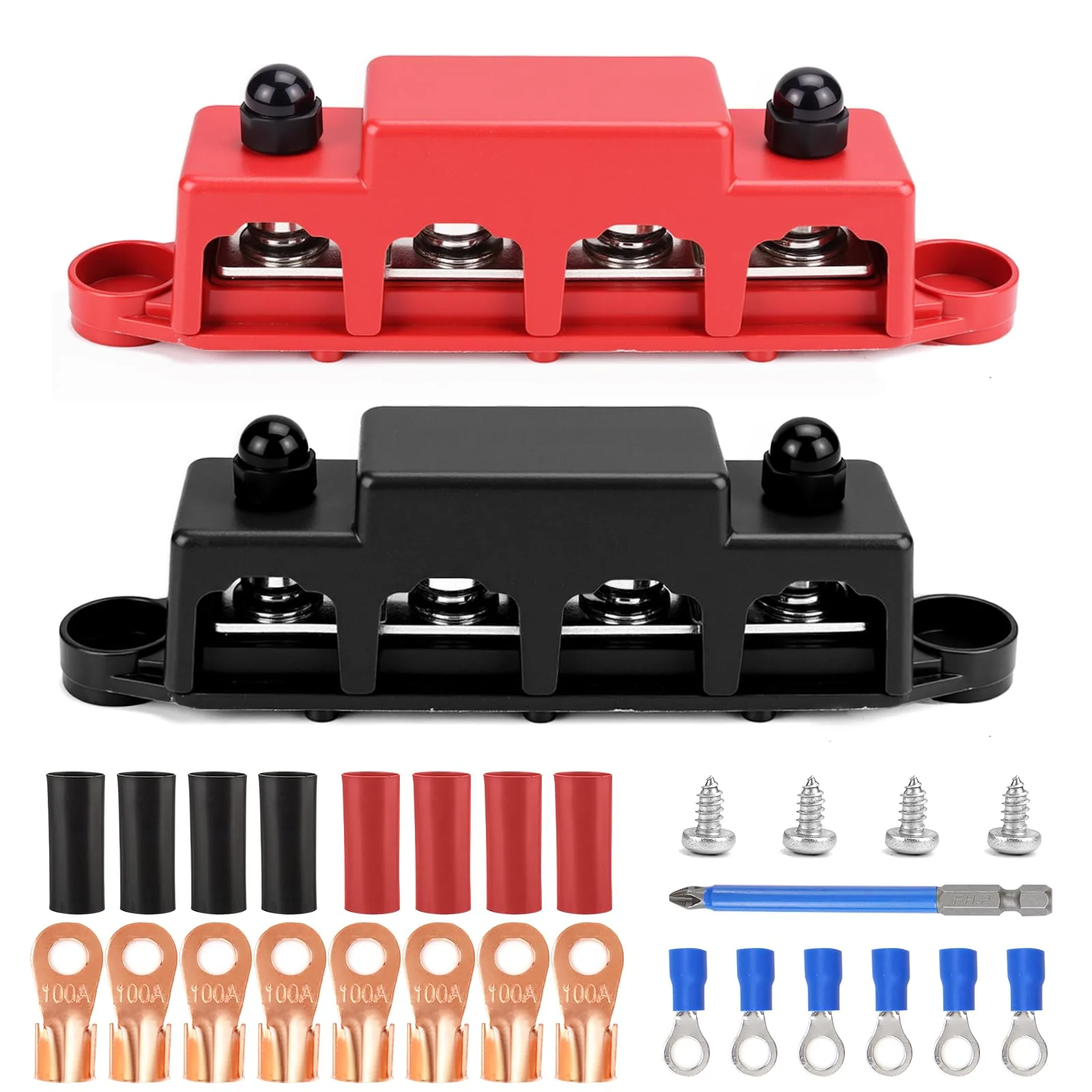 Power Distributor Busbar Block, 12V-48V DC, 250A, 4M8 Terminal Bolts, Pack of 2, Black/Red (A-Black and Red) A-Black and Red