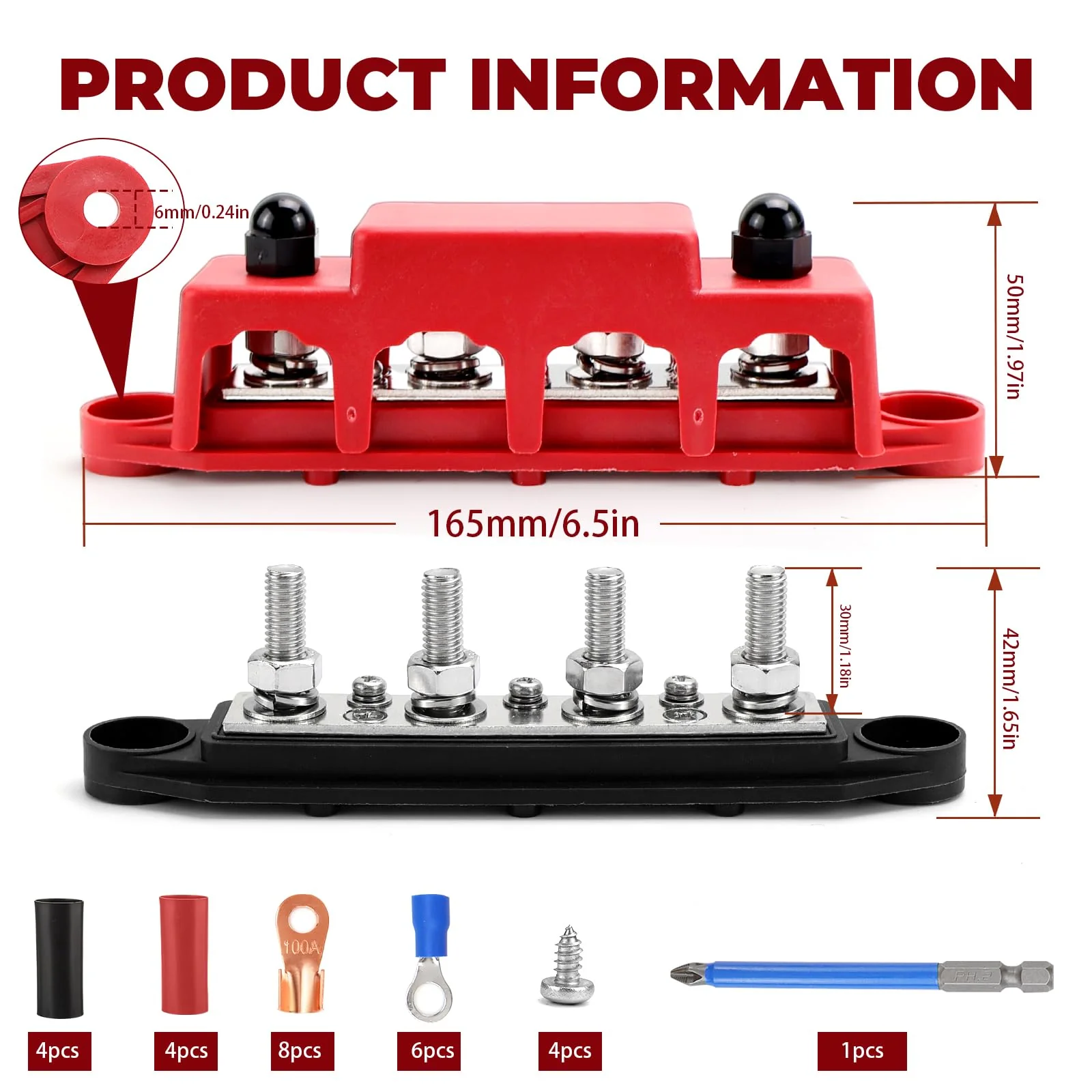 Power Distributor Busbar Block, 12V-48V DC, 250A, 4M8 Terminal Bolts, Pack of 2, Black/Red (A-Black and Red) A-Black and Red - Image 2