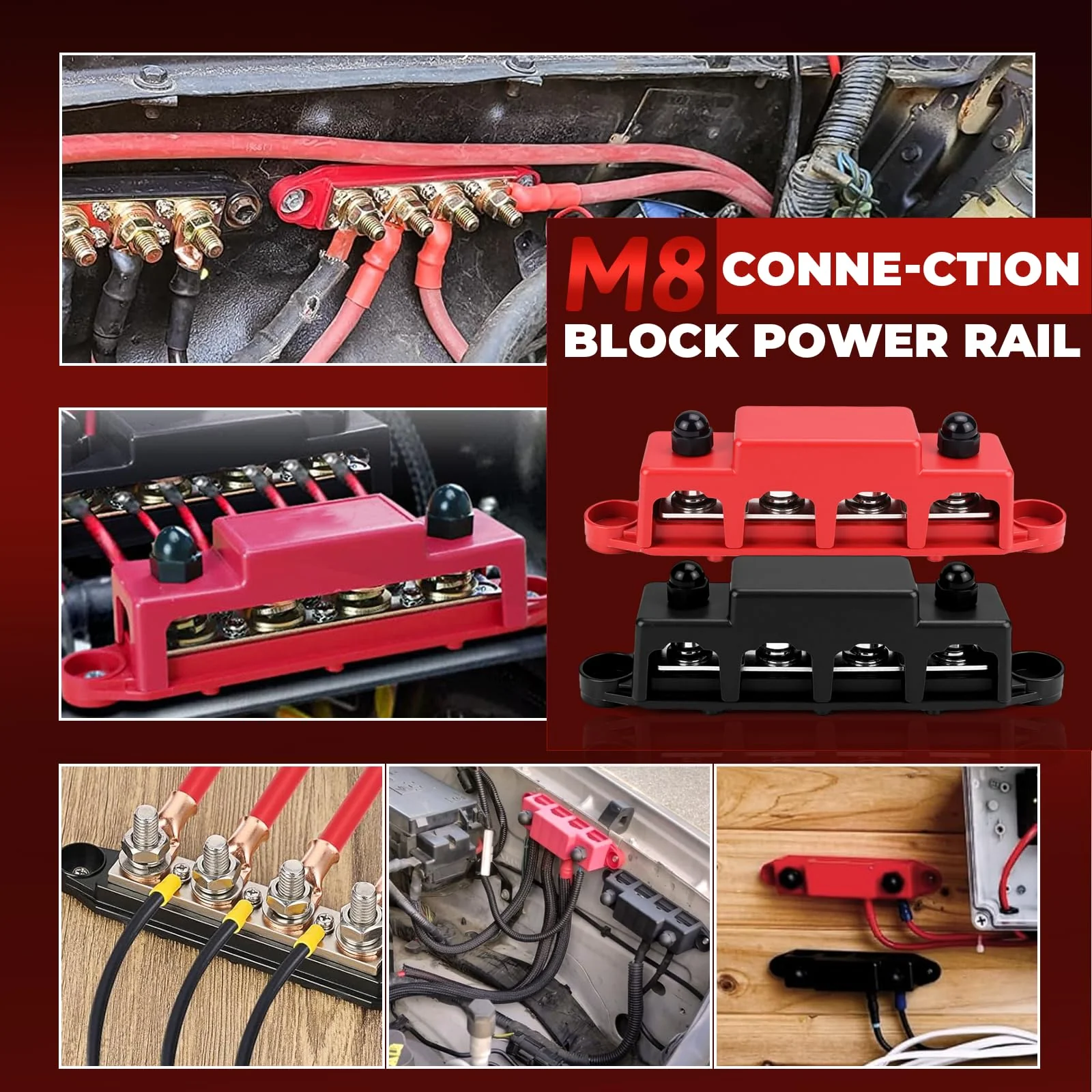 Power Distributor Busbar Block, 12V-48V DC, 250A, 4M8 Terminal Bolts, Pack of 2, Black/Red (A-Black and Red) A-Black and Red - Image 3
