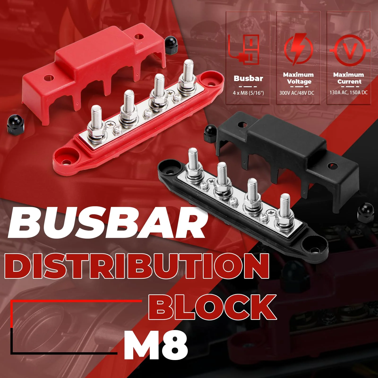 Power Distributor Busbar Block, 12V-48V DC, 250A, 4M8 Terminal Bolts, Pack of 2, Black/Red (A-Black and Red) A-Black and Red - Image 5