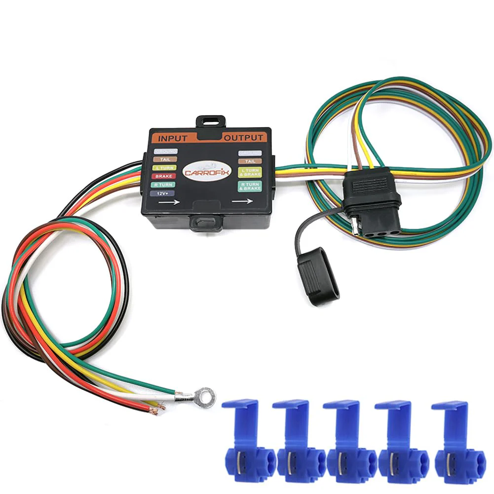 Powered 3-to-2-Wire Trailer Tail Light Converter with 1.5ft Leads and 4.8ft 4-Way Wiring Harness Connector - LED Compatible