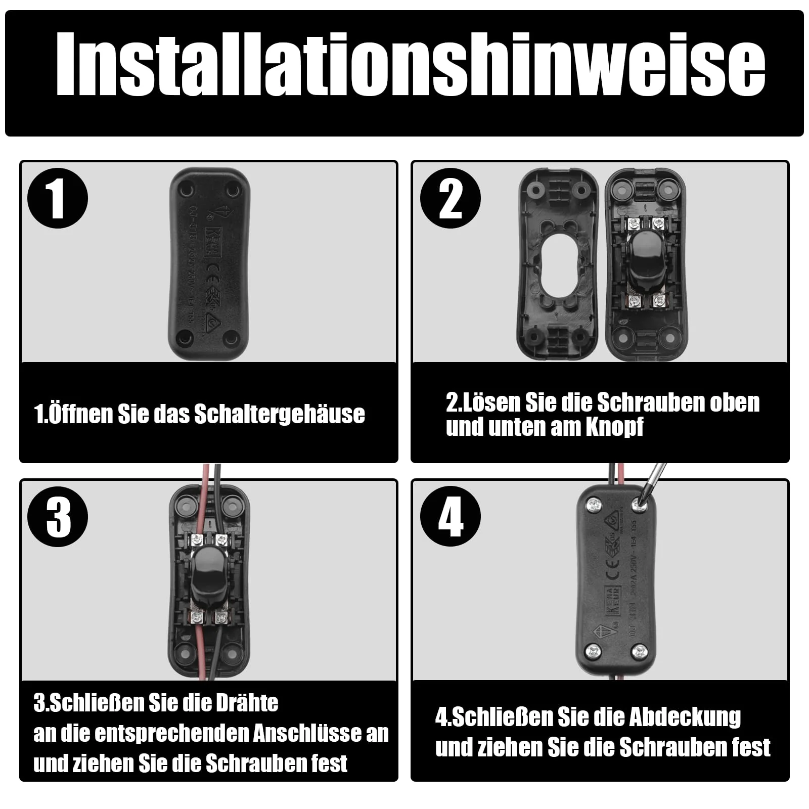 Powice 2 pieces intermediate switch, cord switch, 230 V, cable switch, suitable for 2 and 3-core power cables and small devices or lights toggle switch, (white + black) 2 Stück White+Black - Image 4