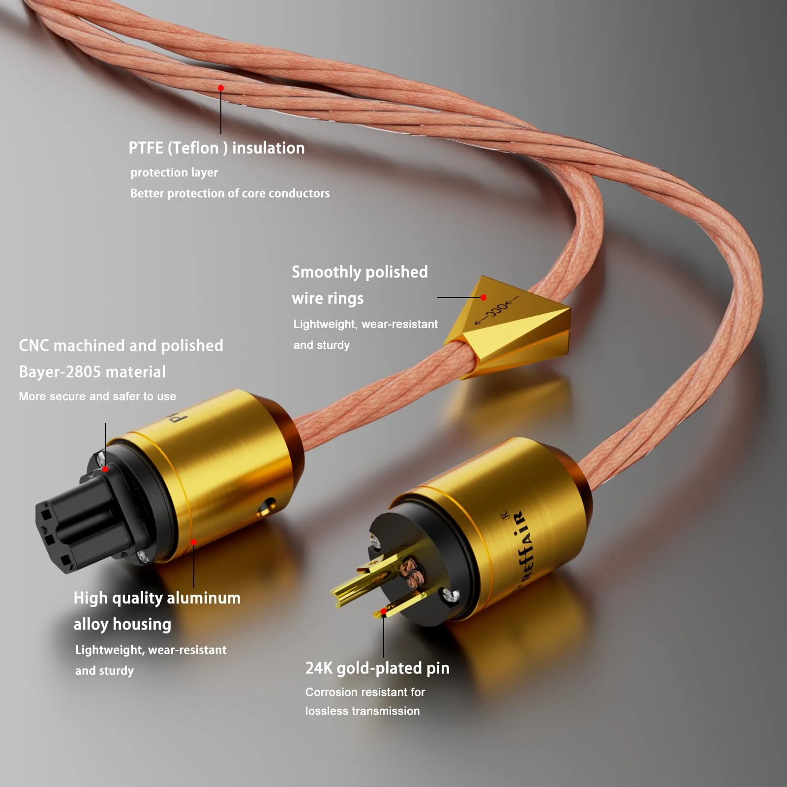 Preffair X461 OCC 5N Copper AC Power Cables 15AWG/4 x 1.5mm2 Wires with Gold Plated US-C15 IEC320 Power Connectors for Audiophile Subwoofer, Turntable, AMP, DAC (1.5M/4.9FT, X461P102G) - Image 4