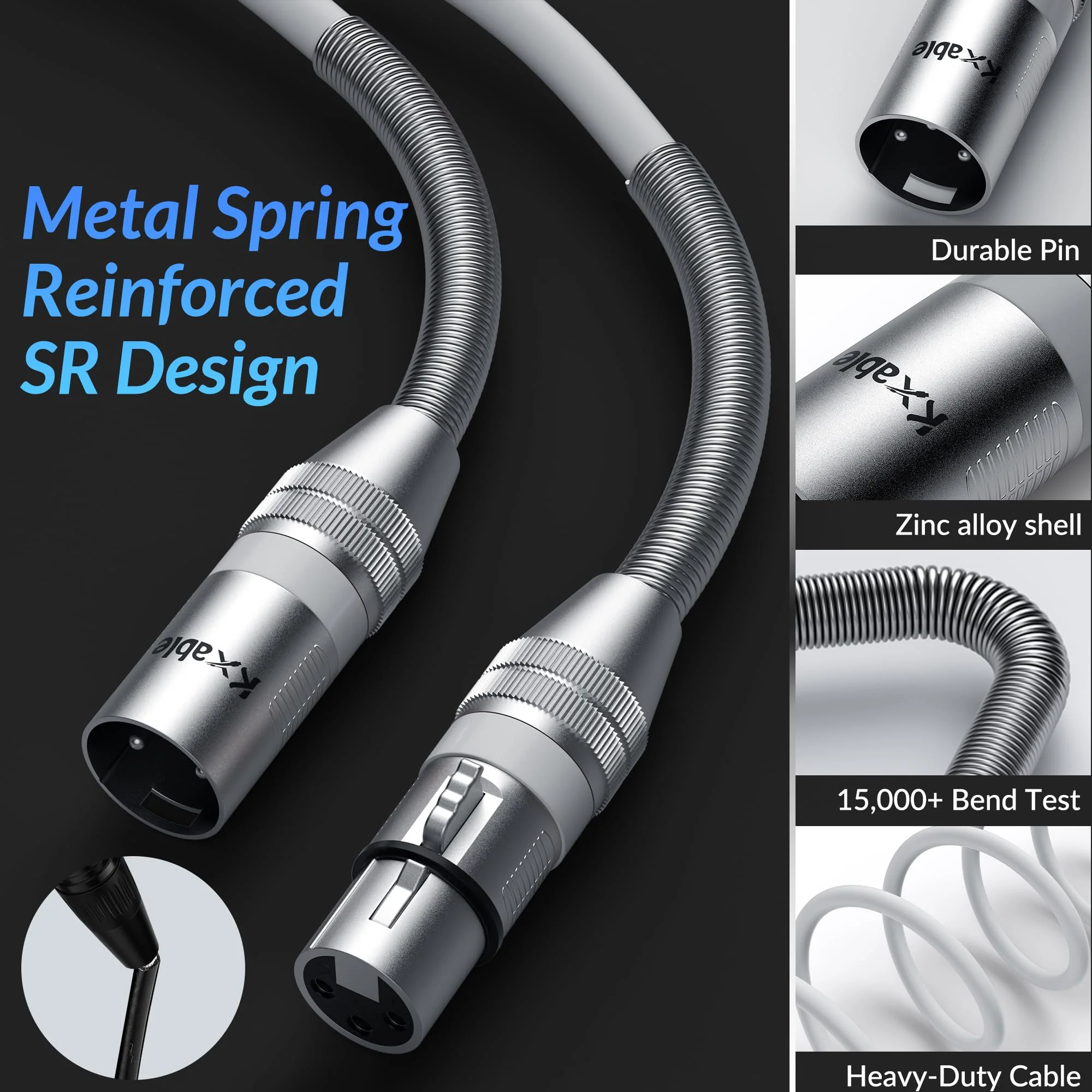 Premium 25 Feet XLR Microphone Cable, Heavy Duty 22AWG OFC XLR Male to Female Cord, 3-Pin Shielded Mic Speaker Cable, Zinc Alloy Connectors, Metal Spring SR, White 25FT - Image 2