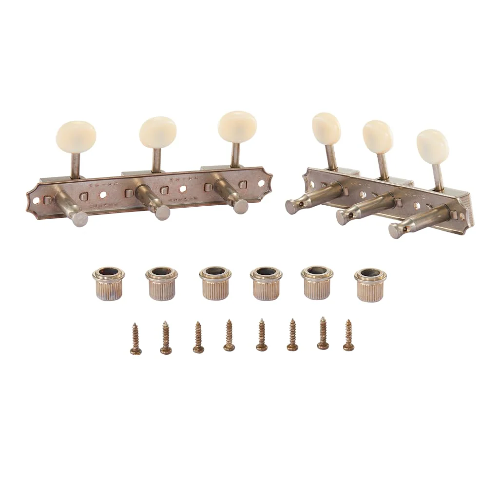 Premium 3-per-side On-a-Plate 3x3 Vintage Guitar Tuners Tuning Machines Tuning Keys for Gibson/Epi LP JR Ivory Plastic Oval Button Aged Relic Nickel - Image 4