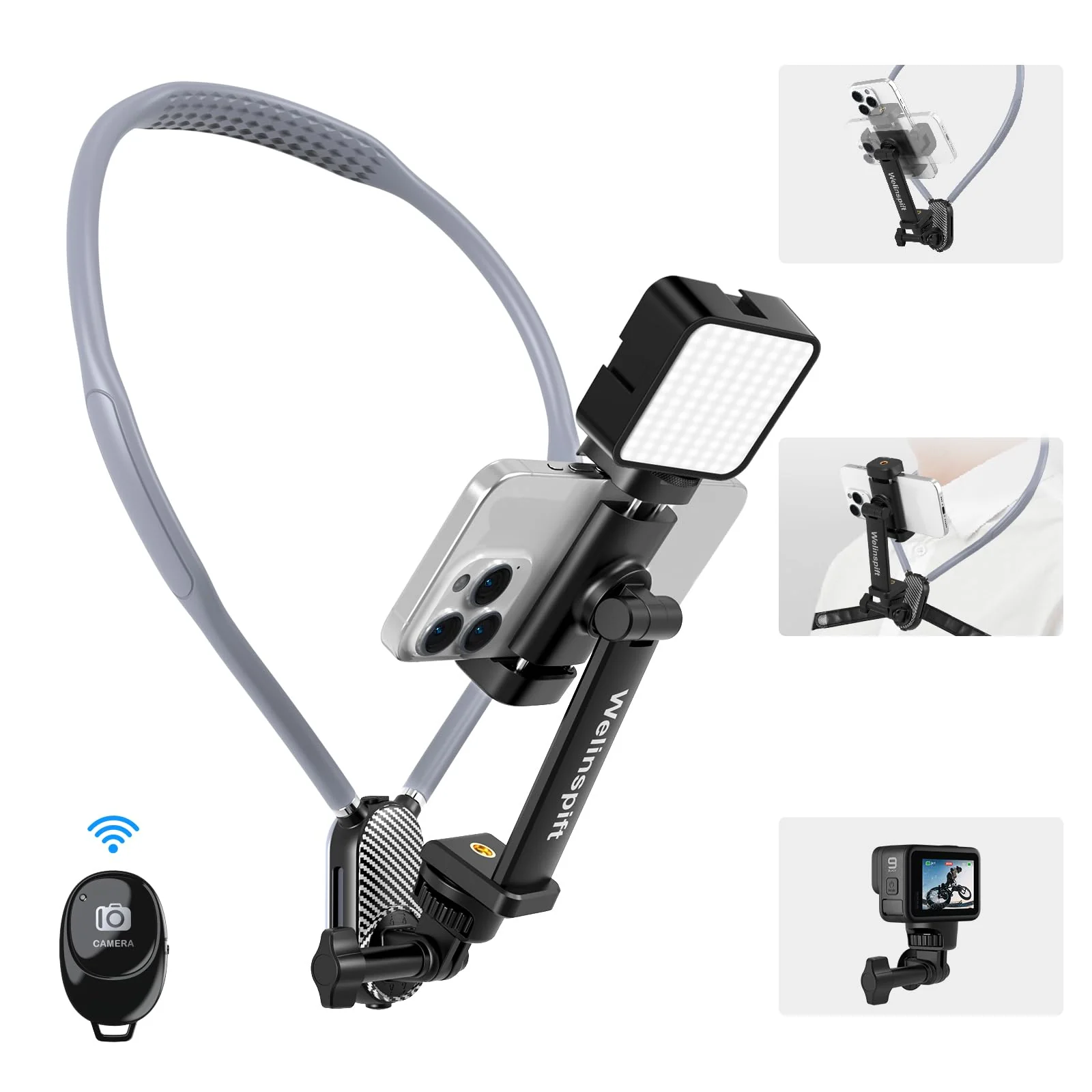 Premium Neck Phone Holder with Fill Light & Remote- POV/Vlog Chest Phone Tripod Mount w/ Anti-Shake Strap for Hands-Free Recording – Compatible with iPhone 16 15 14 13 12 Series, Andriod Cell Phones