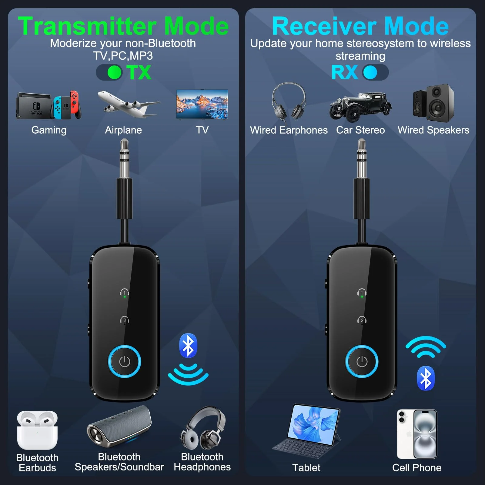 Premium Pro Bluetooth 5.4 Transmitter Receiver,Airplane Audio Adapter,Wireless Transmitter for TV/Travel Flight,Airline,Gym.Compatible with 2 AirPods/Headphones,Bluetooth Receiver for Car/Home Stereo Black - Image 2
