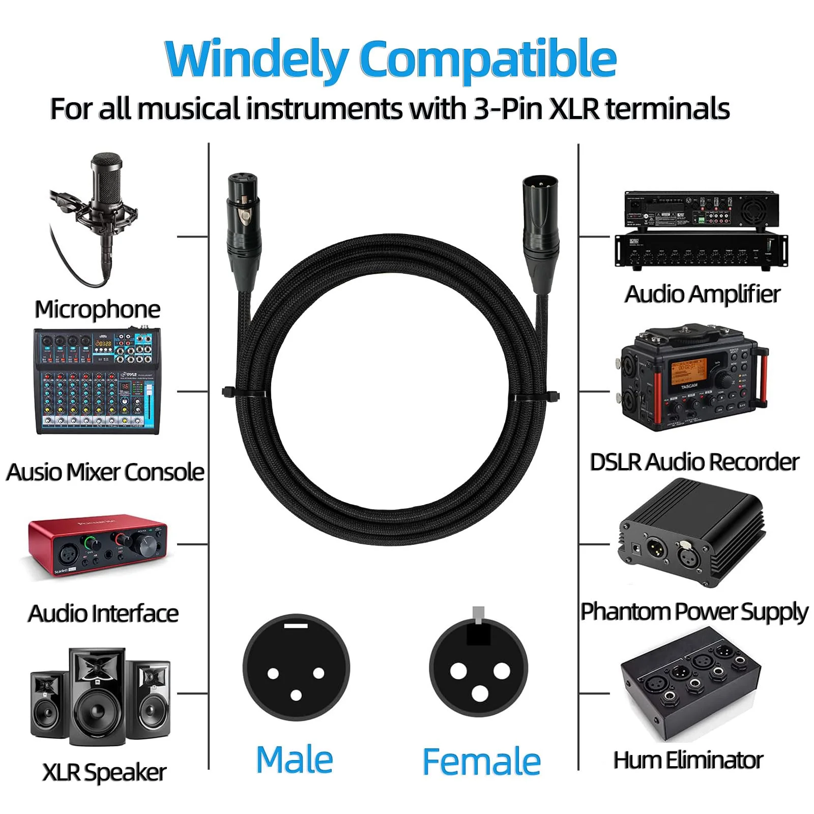 Premium XLR to XLR Cable (10 Feet 6-Pack) Noise-Canceling Balanced Wire Connector, 3 Pin Microphone Cables Oxygen-Free Copper (OFC) Male to Female Mic Cord for Speaker Mixer, Studio,Podcast 10 Feet-6Pack-Black - Image 3