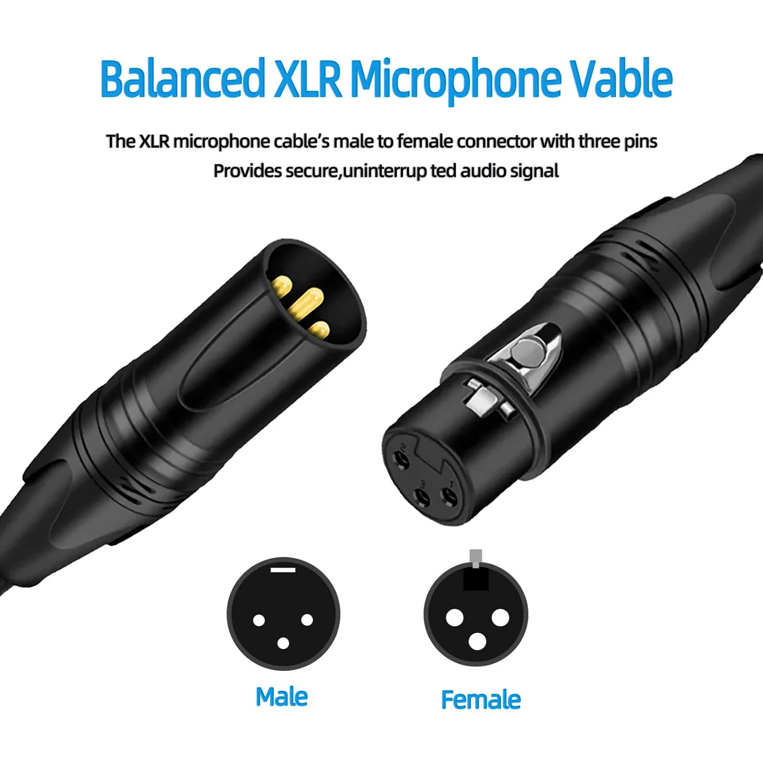 Premium XLR to XLR Cable (10 Feet 6-Pack) Noise-Canceling Balanced Wire Connector, 3 Pin Microphone Cables Oxygen-Free Copper (OFC) Male to Female Mic Cord for Speaker Mixer, Studio,Podcast 10 Feet-6Pack-Black - Image 4