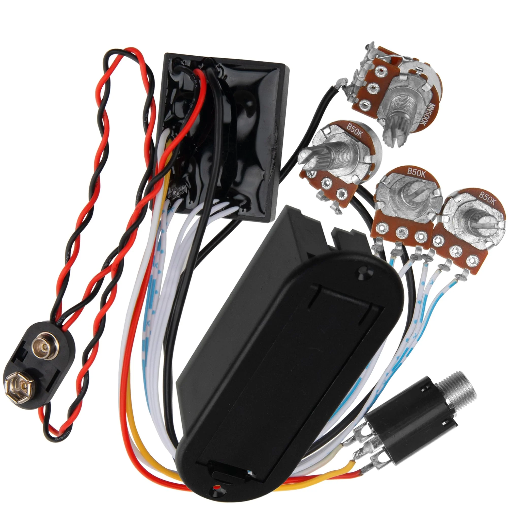 Prewired 2 Band Active Passive EQ Equalizer Preamp Circuit & 9V Pickup Battery Holder Case Compatible with Guitar Bass Instruments