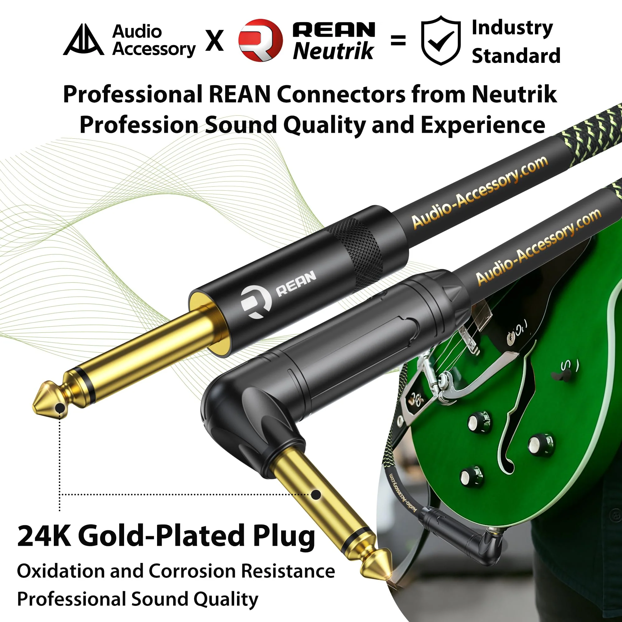 Pro Bass Guitar Cable 10 ft, Gold-Plated Neutrik REAN Connector, 18 AWG OFC, Braided 1/4 Inch Instrument Cable for Fender Electric Bass Guitar Combo Amp Rumble Marshall, Right Angle - Image 2
