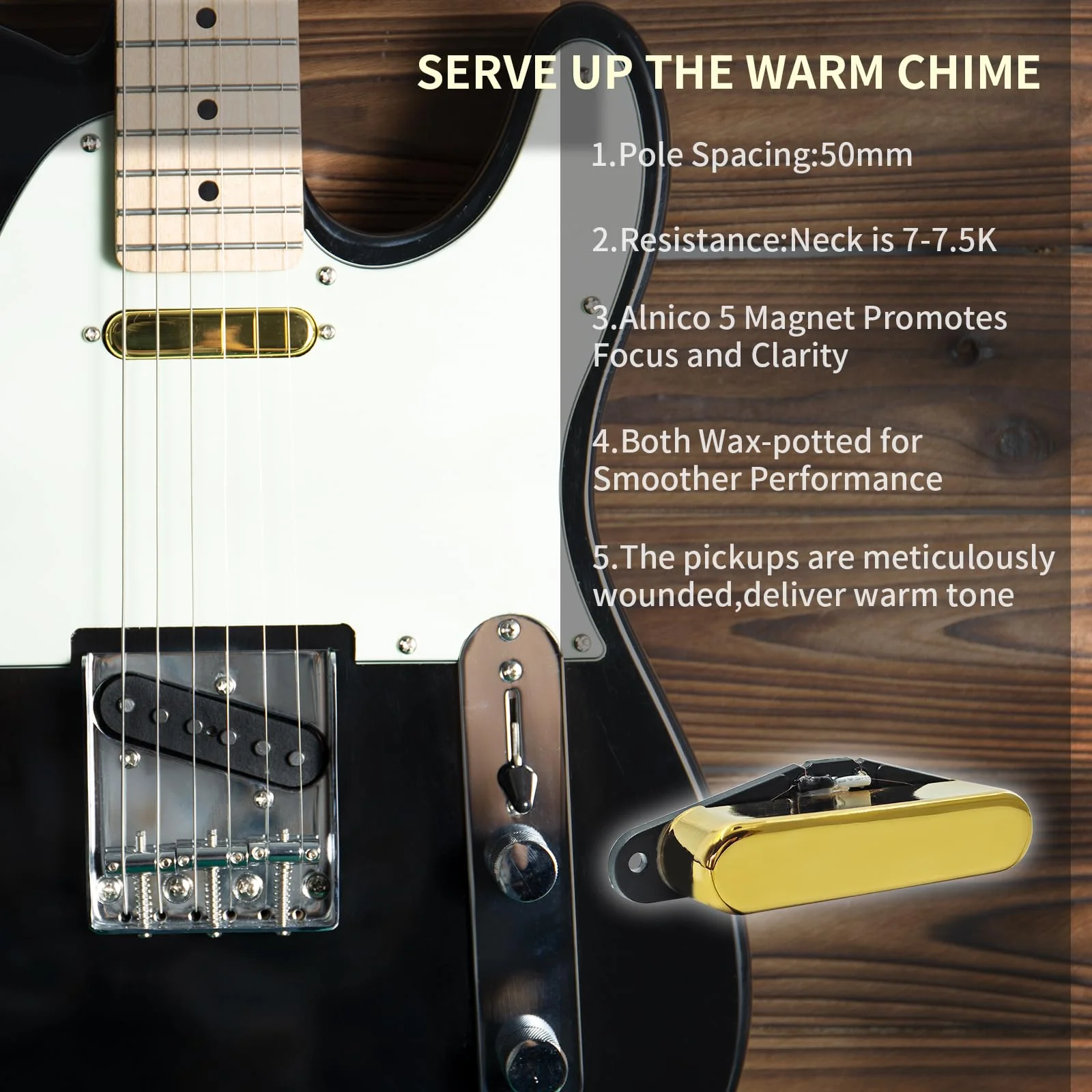 Pro TL-60S Vintage Alnico 5 Single Coil Neck Pickups for FD Tele Style Electric Guitar, Gold pickup neck - Image 2