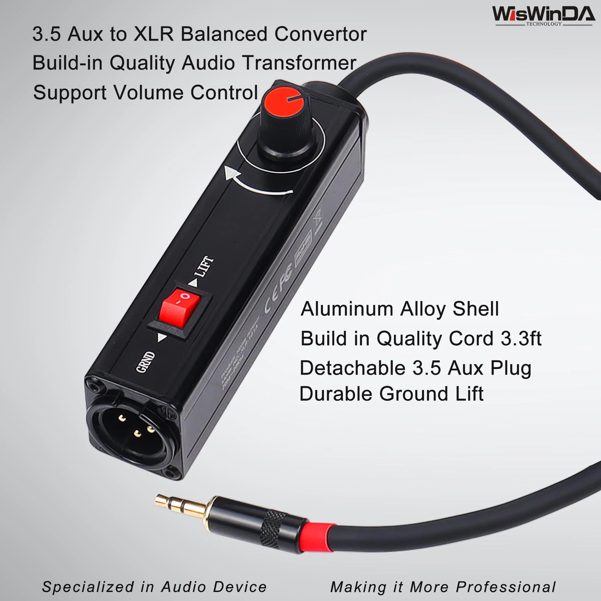 Pro101A AUX to XLR Isolation Box with Volume Controller and Ground Lift Switch Build-in Cord Length 3.3ft with Detachable 3.5mm Aux Gold Coating Plug (Pro 101A Aux-XLR) Pro 101A Aux-XLR - Image 2
