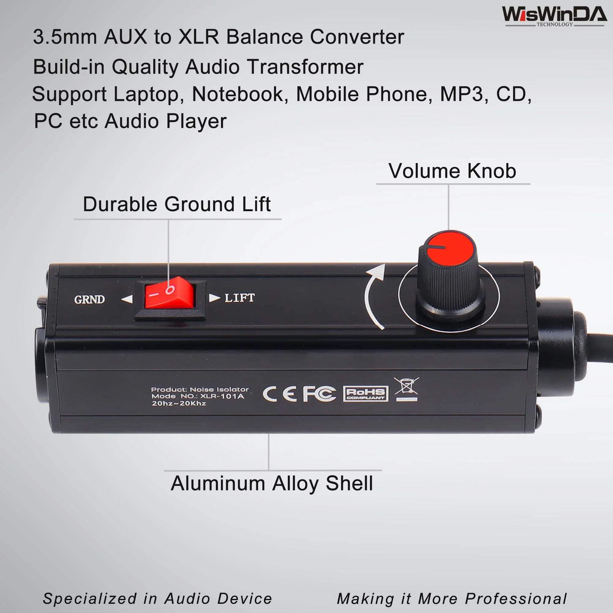 Pro101A AUX to XLR Isolation Box with Volume Controller and Ground Lift Switch Build-in Cord Length 3.3ft with Detachable 3.5mm Aux Gold Coating Plug (Pro 101A Aux-XLR) Pro 101A Aux-XLR - Image 3