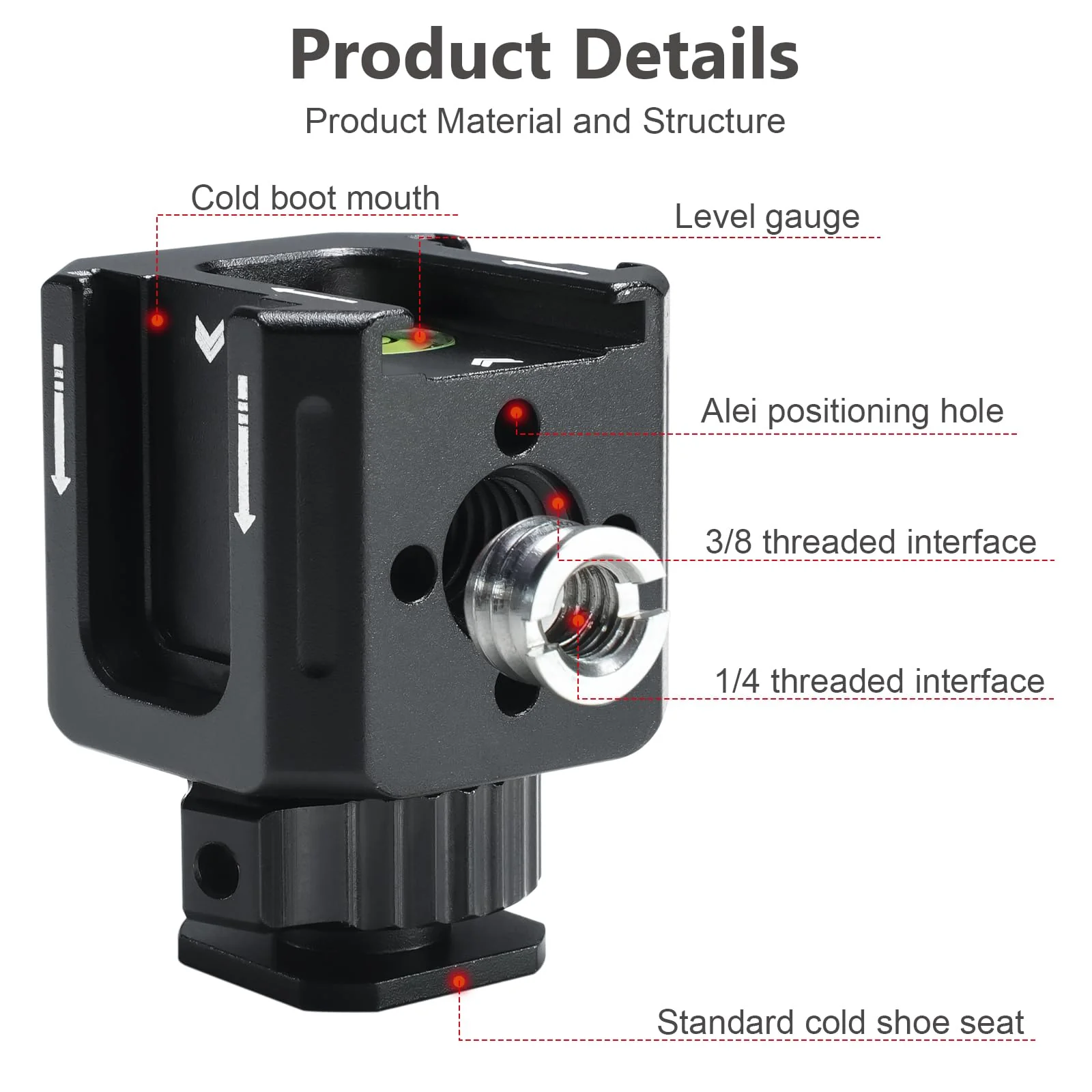 Professional Cold Shoe Mount Adapter - Triple Hot Shoe Expansion with 1/4" Tripod Thread, Built-in Level, Compatible with DSLR Camera Cage Flash LED Light Microphone Monitor - Image 3