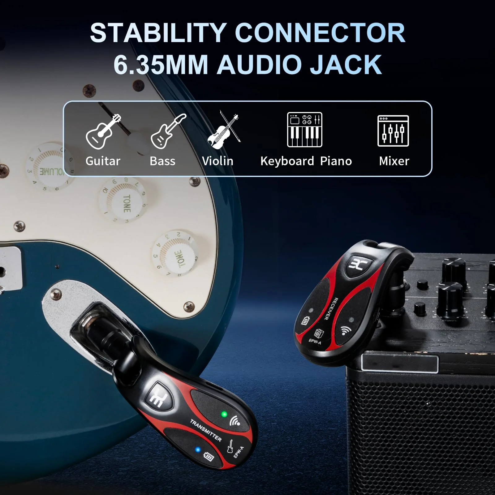 Professional Wireless Guitar System, 20 Channels, <1.5ms Ultra-Low Latency, 164ft Range, 270° Rotating Plug, Rechargeable Guitar Transmitter & Receiver for Guitar Bass Electric Instrument - Image 4